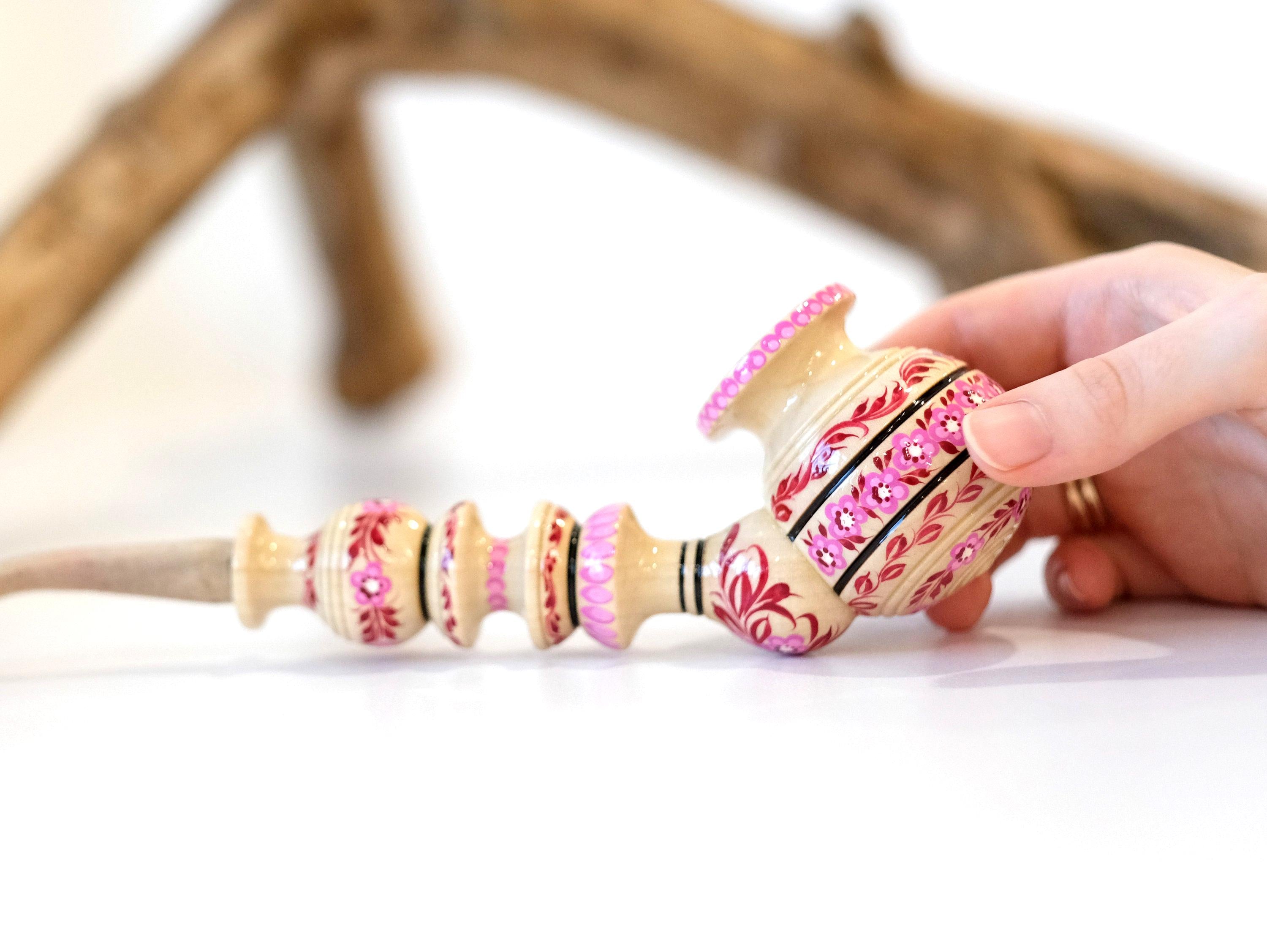 Painted Wooden Smoking Pipe - Pink Cherry Blossom Tobacco Pipe with Ukrainian Folk Art Petrykivka