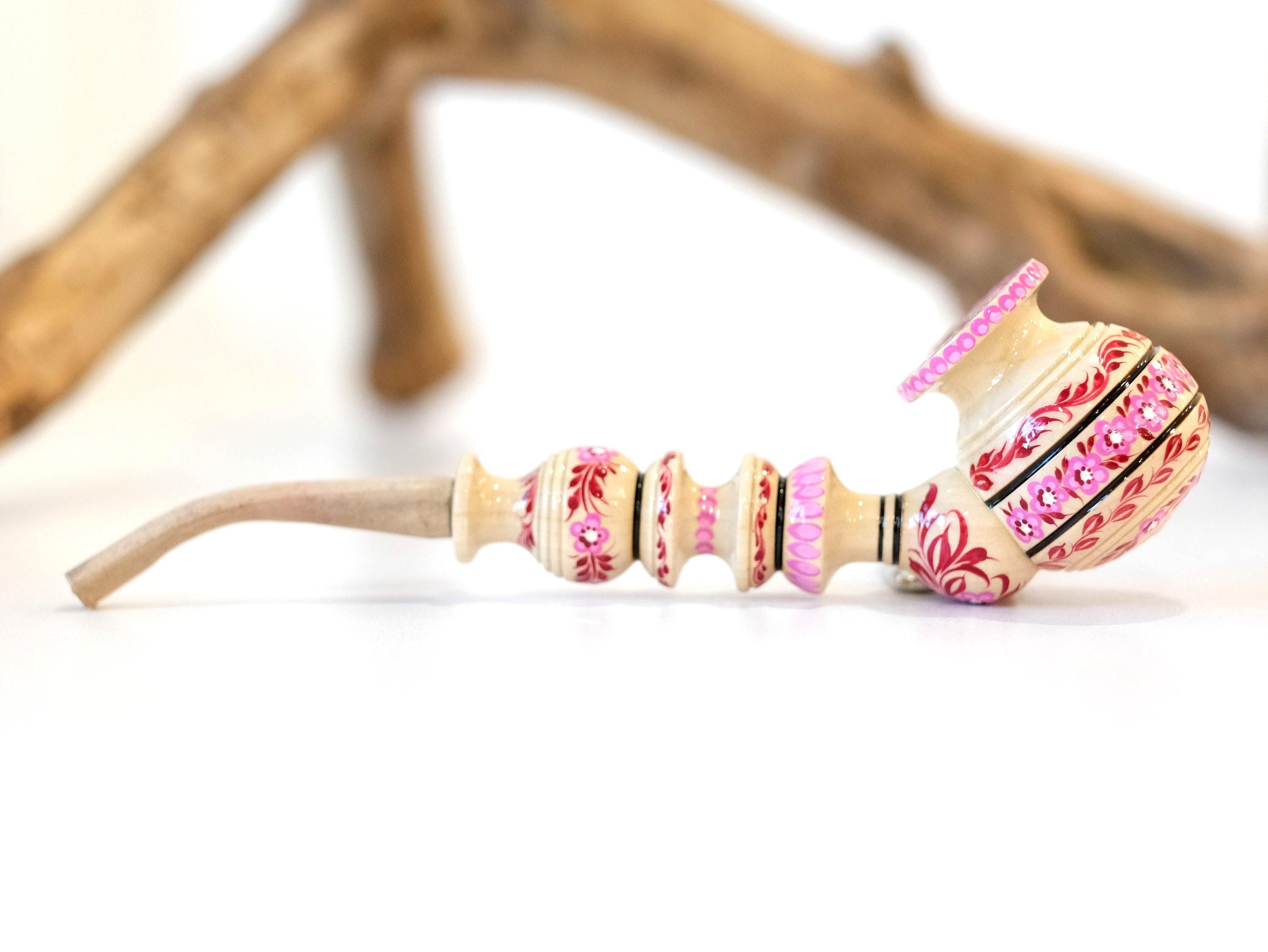 Painted Wooden Smoking Pipe - Pink Cherry Blossom Tobacco Pipe with Ukrainian Folk Art Petrykivka