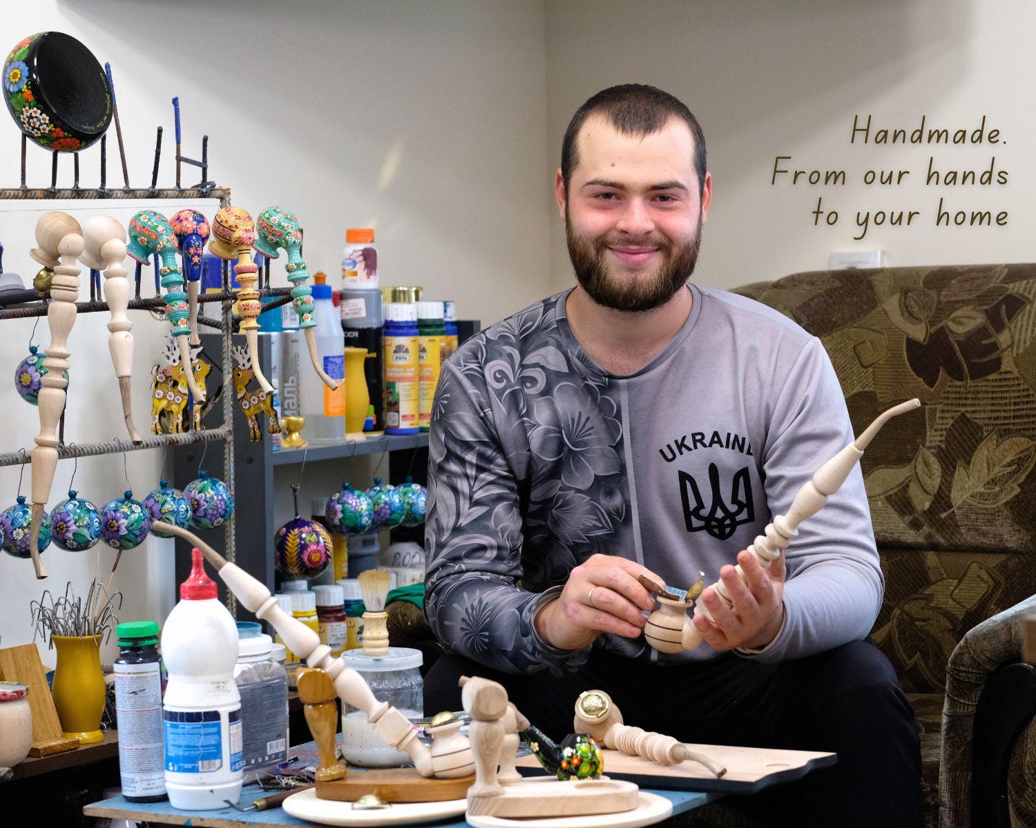 Extra long Wooden Regular Cigarette Holder - Hand-painted with Ukrainian Folk Art Petrykivka - Gray Flowers