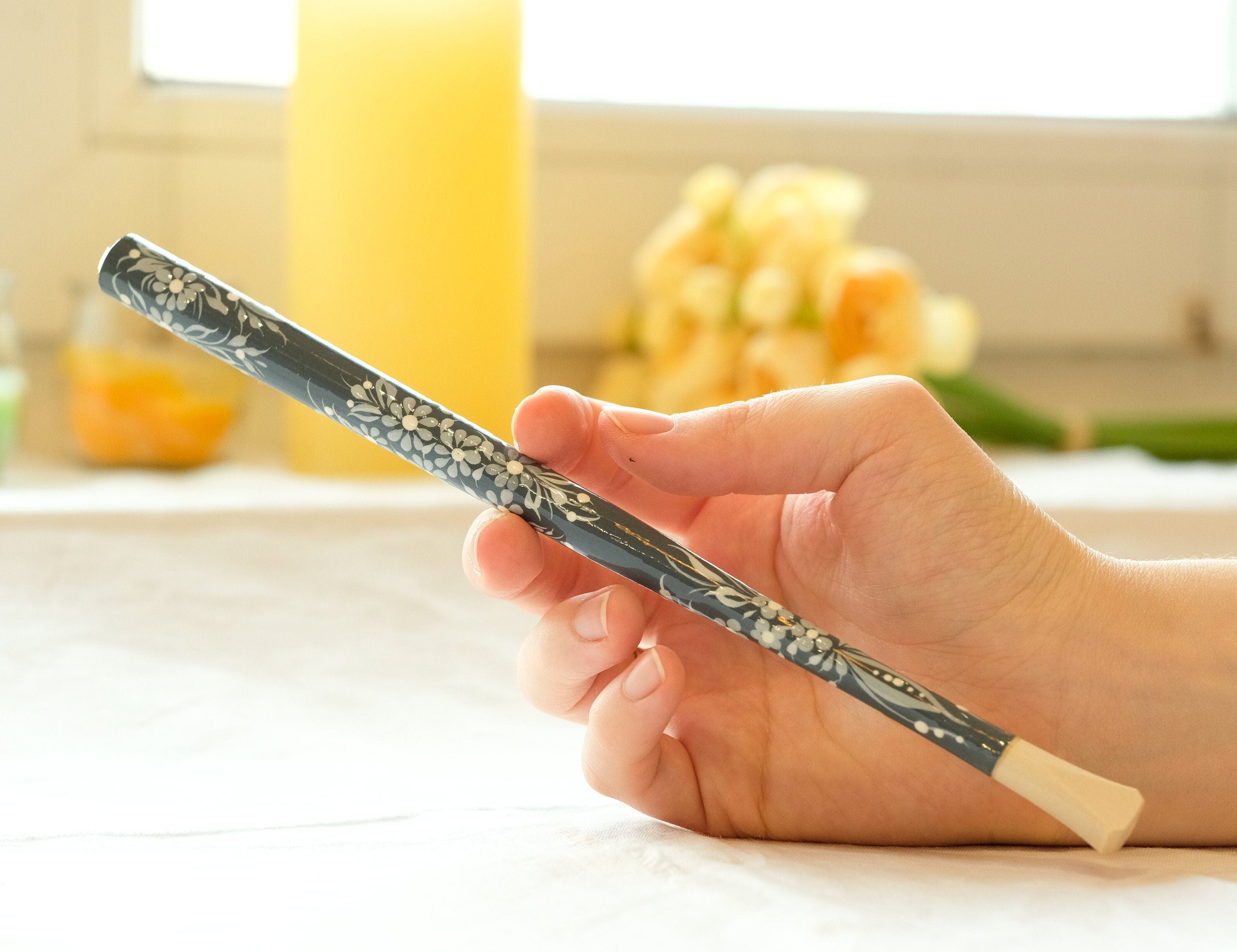 Extra long Wooden Regular Cigarette Holder - Hand-painted with Ukrainian Folk Art Petrykivka - Gray Flowers