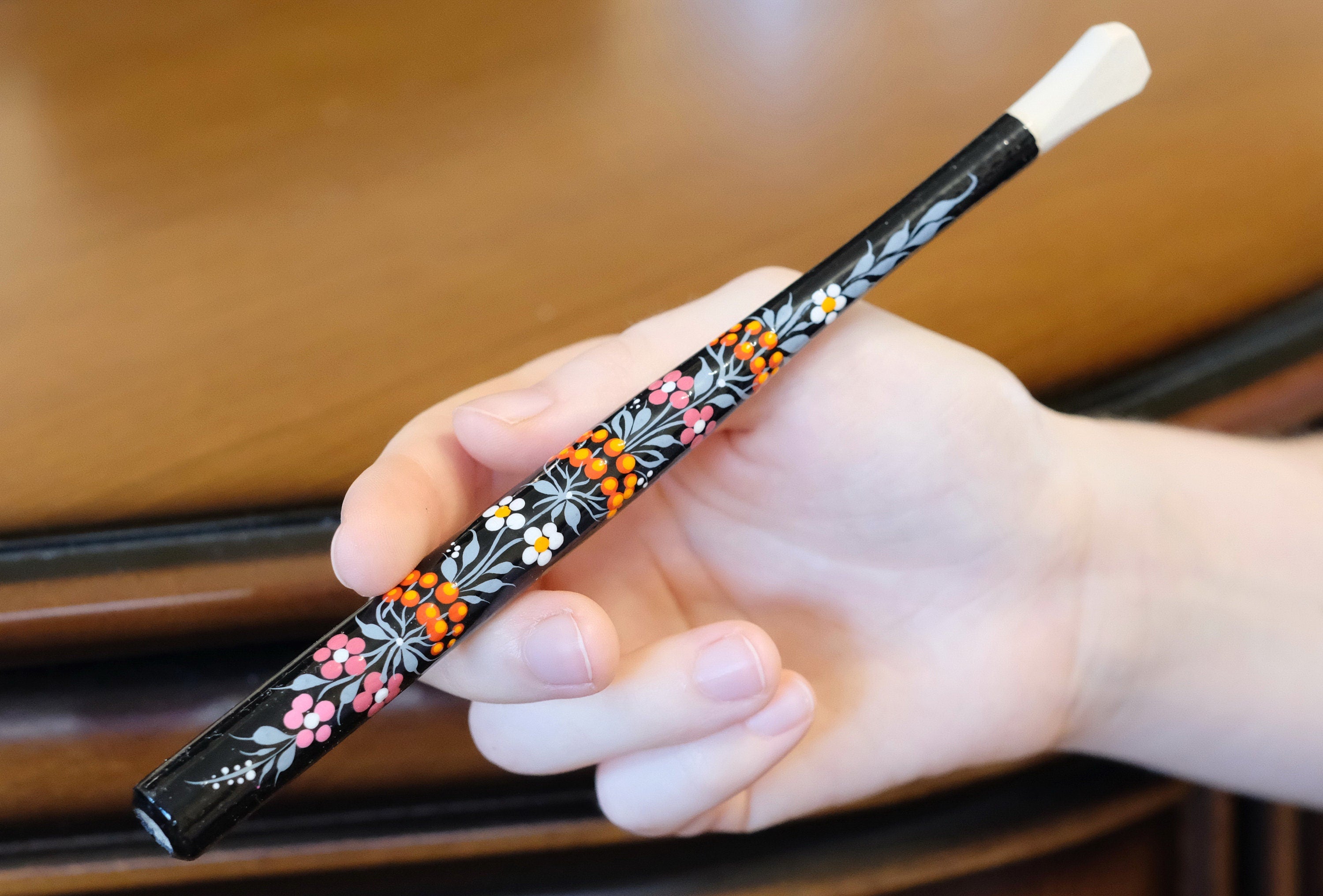Long Painted Regular Cigarette Holder with Ukrainian Folk Art Petrykivka, Carved from Wood