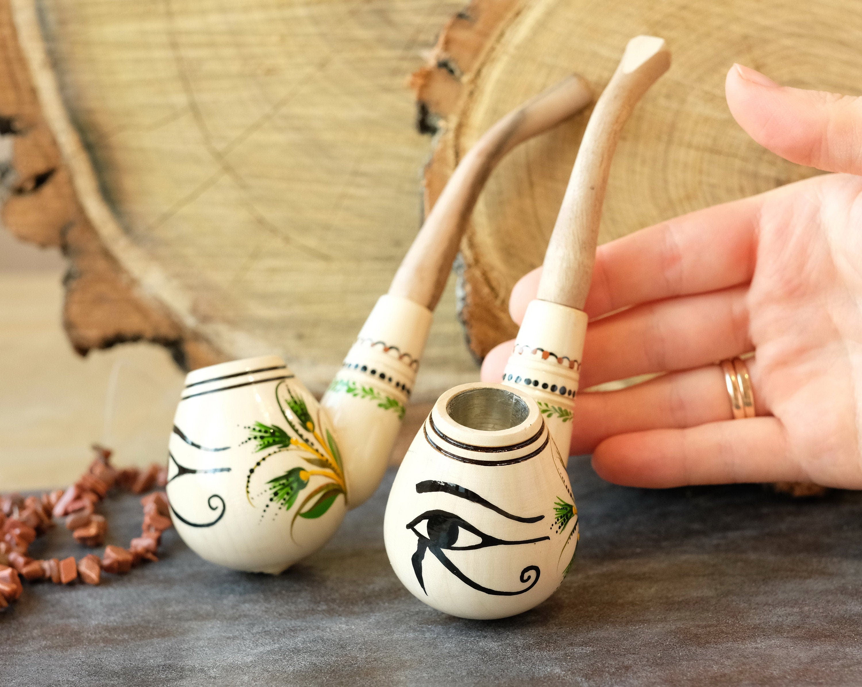 Painted Wooden Smoking Pipe - Eye of Horus Tobacco Pipe