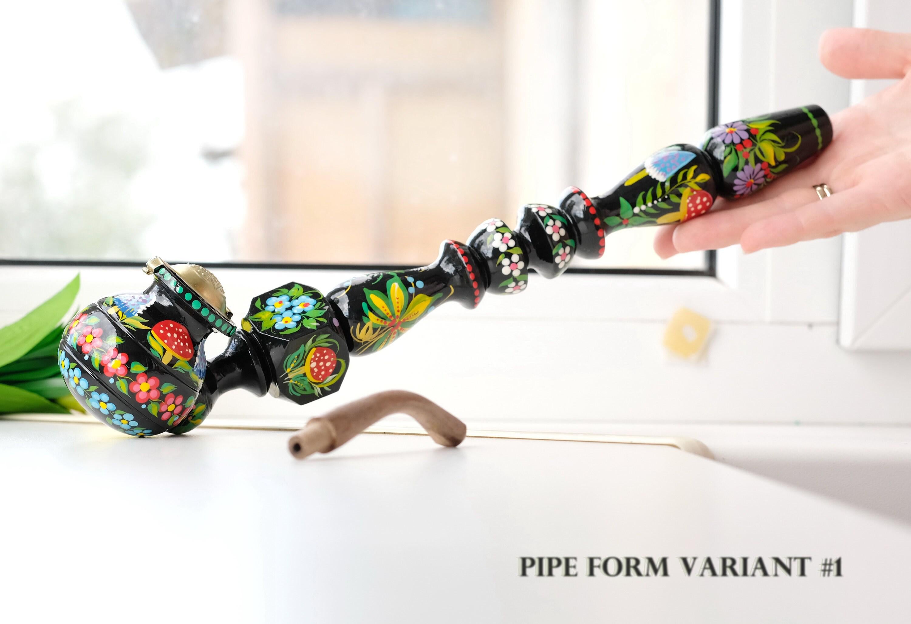 Extra Long Painted Wooden Smoking Pipe with Ukrainian Folk Art Petrykivka - Mushroom Tobacco Pipe with Lid