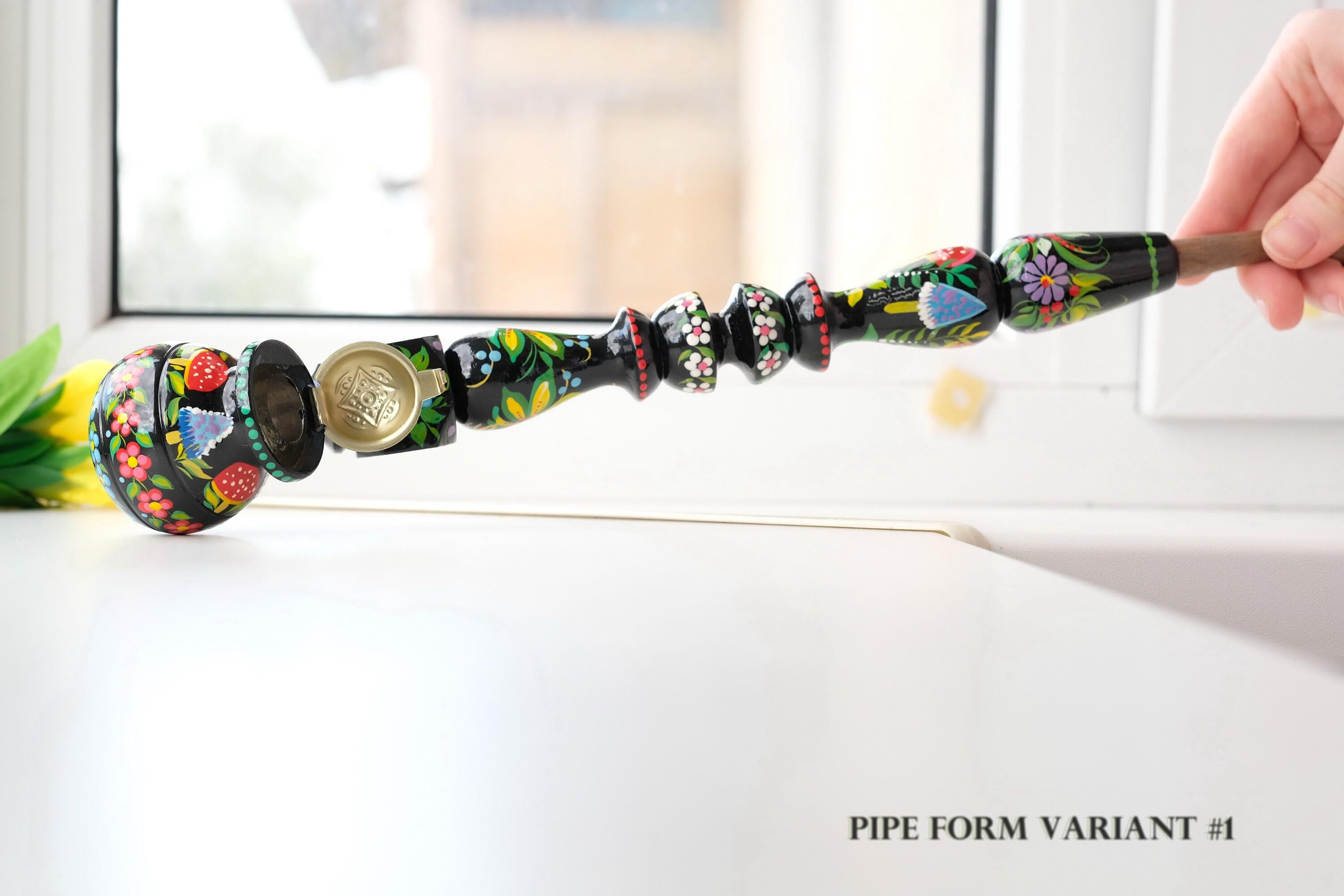 Extra Long Painted Wooden Smoking Pipe with Ukrainian Folk Art Petrykivka - Mushroom Tobacco Pipe with Lid