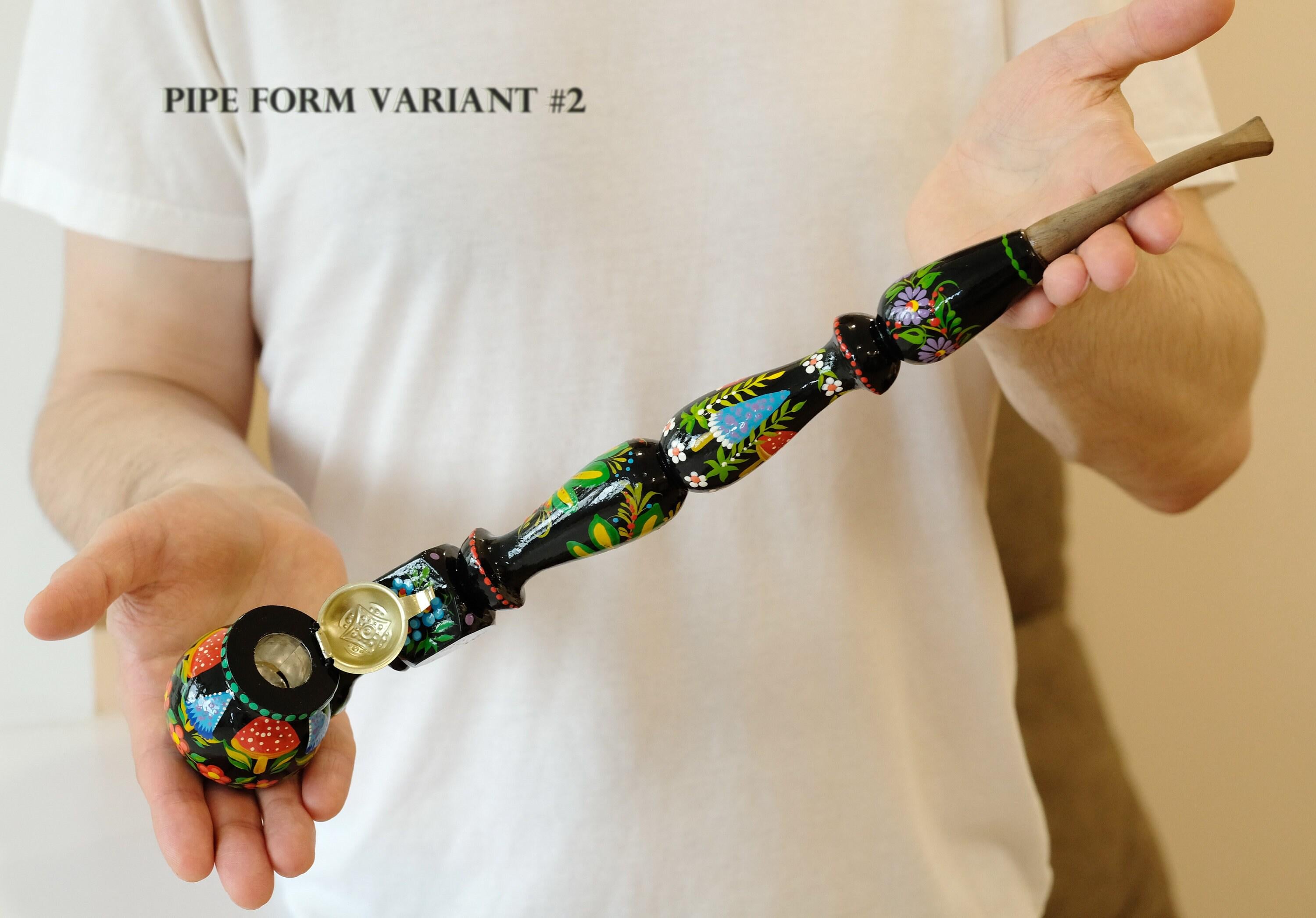 Extra Long Painted Wooden Smoking Pipe with Ukrainian Folk Art Petrykivka - Mushroom Tobacco Pipe with Lid