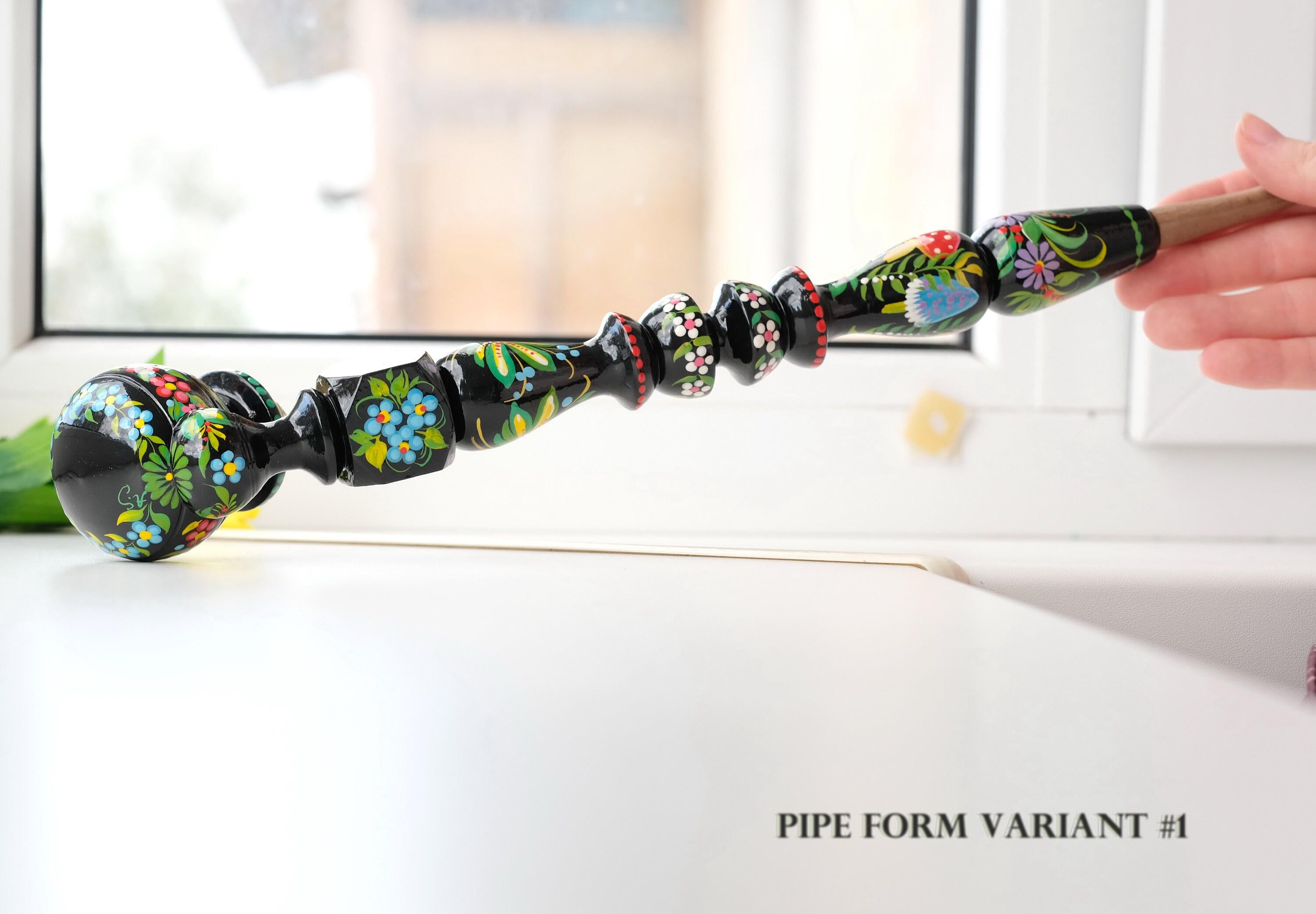 Extra Long Painted Wooden Smoking Pipe with Ukrainian Folk Art Petrykivka - Mushroom Tobacco Pipe with Lid