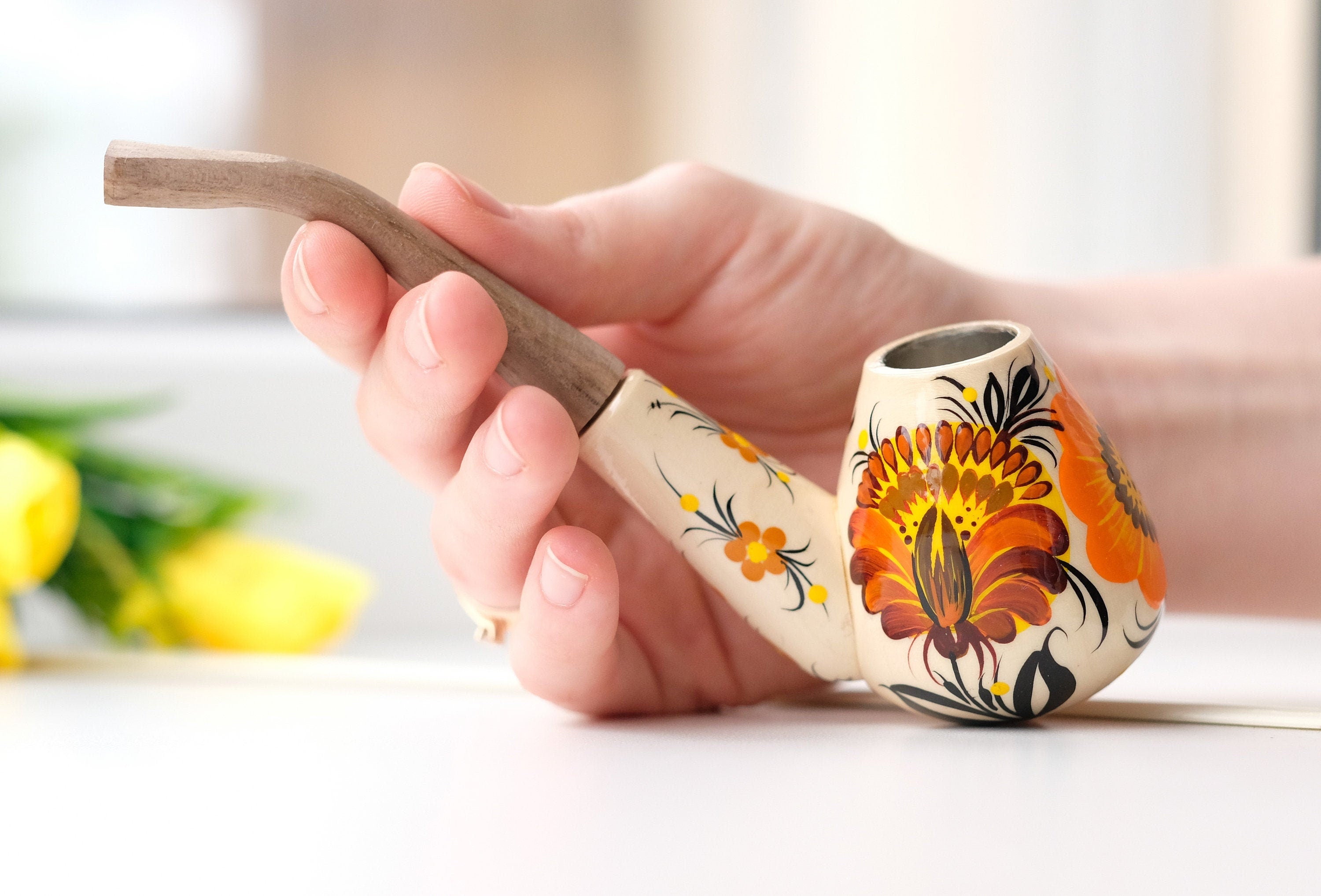 Wooden Tobacco Smoking Pipe - Hand-painted Sunflower Pipe with Ukrainian Folk Art Petrykivka