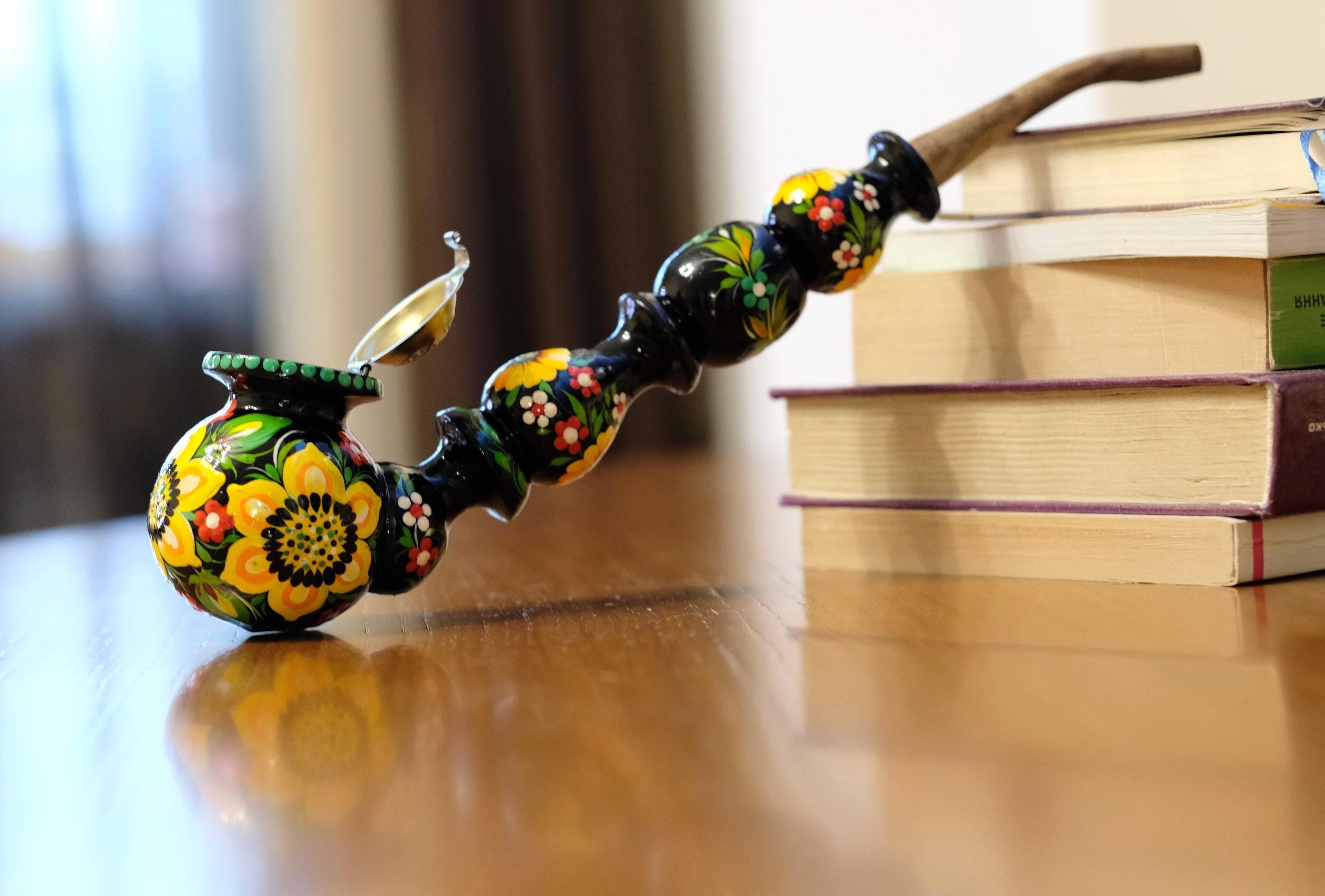 Painted Wooden Smoking Pipe with Lid - Long Sunflower Tobacco Pipe with Ukrainian Folk Art Petrykivka
