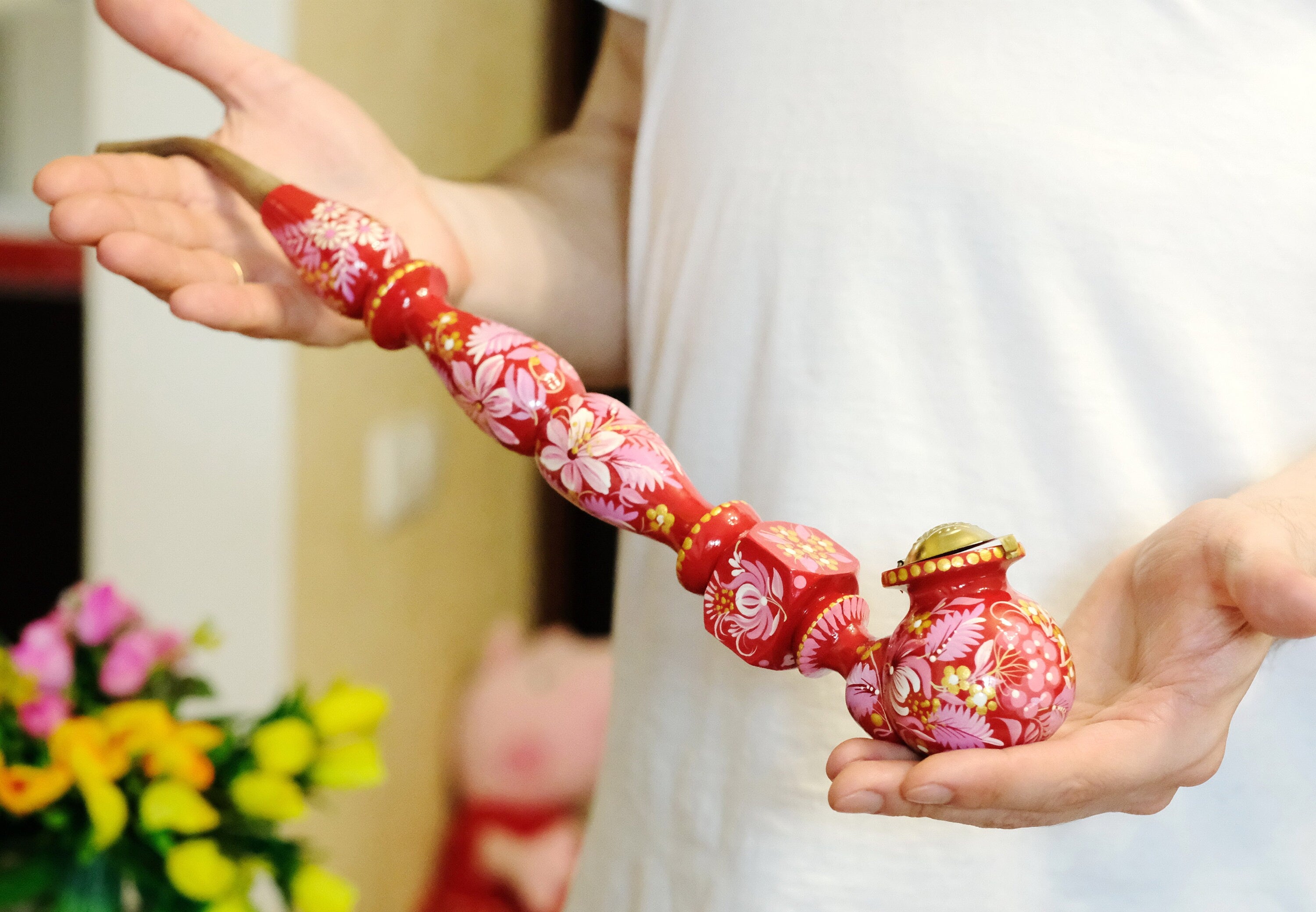 Extra Long Painted Wooden Smoking Pipe with Ukrainian Folk Art Petrykivka - Flower Tobacco Pipe with Lid