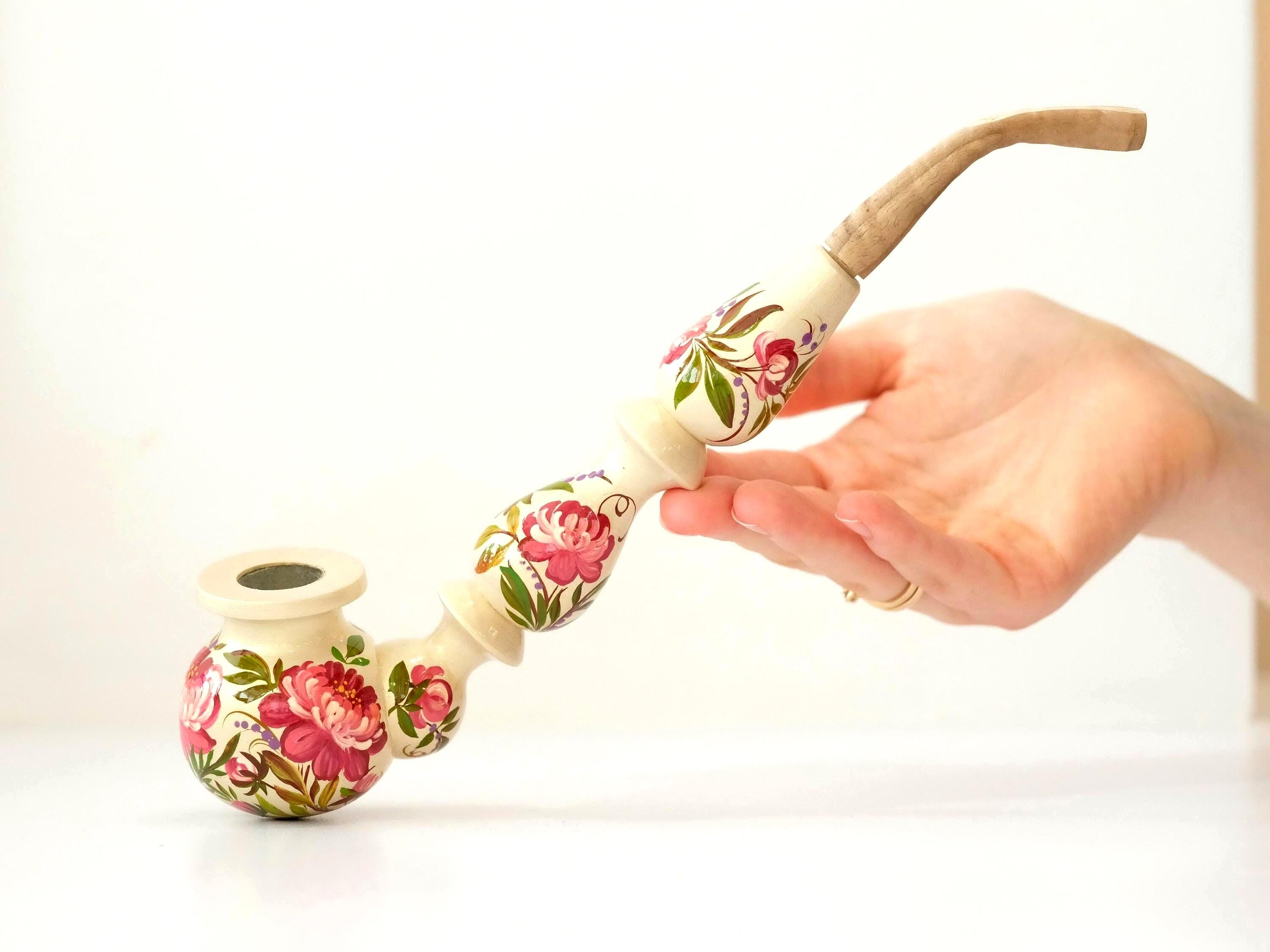 Long Wooden Smoking Pipe with Hand-painted Peonies - Ukrainian Folk Art Petrykivka, Pink Flower Tobacco Pipe