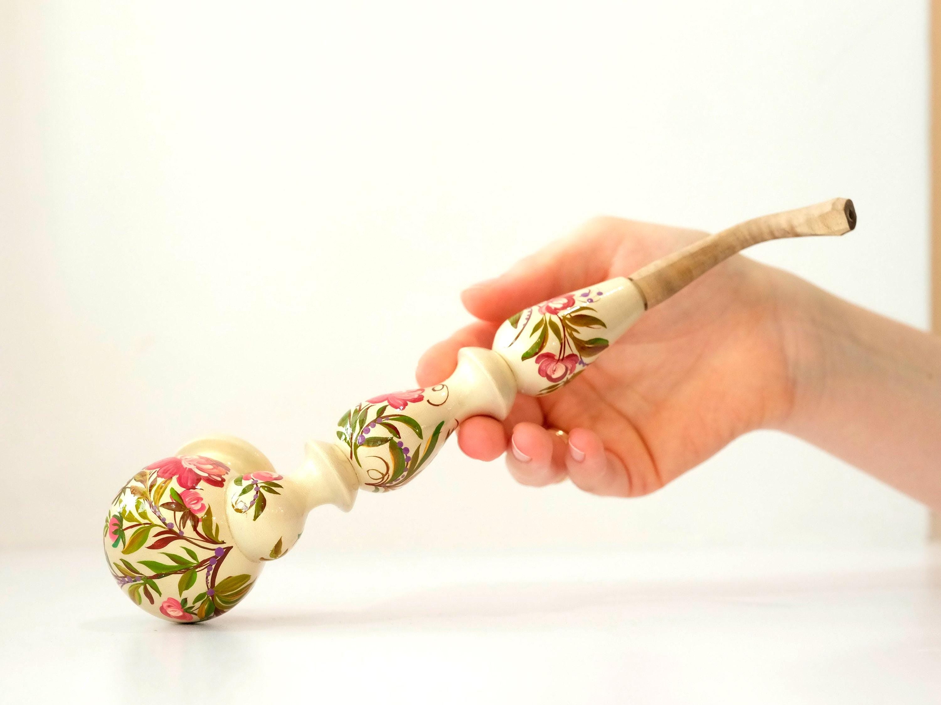 Long Wooden Smoking Pipe with Hand-painted Peonies - Ukrainian Folk Art Petrykivka, Pink Flower Tobacco Pipe