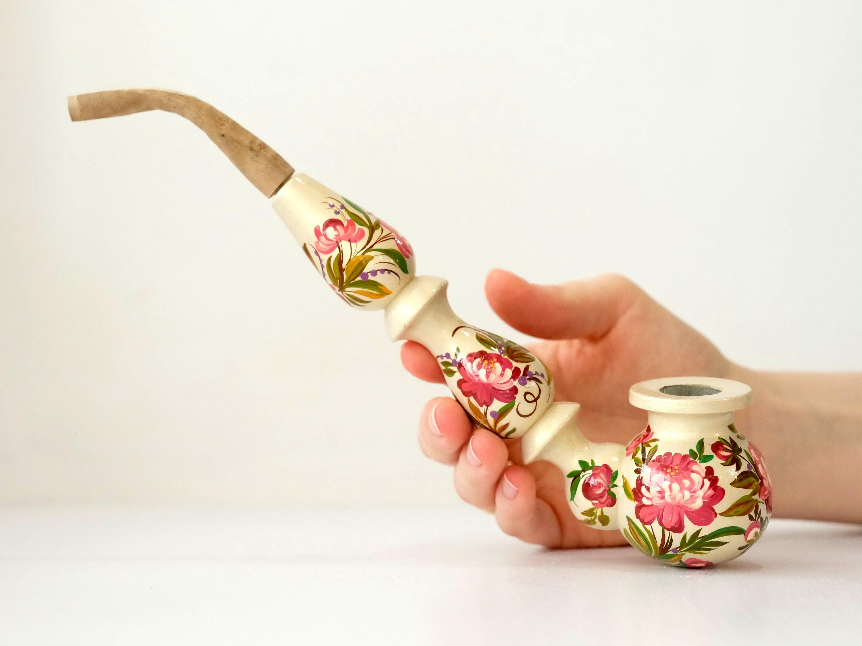 Long Wooden Smoking Pipe with Hand-painted Peonies - Ukrainian Folk Art Petrykivka, Pink Flower Tobacco Pipe