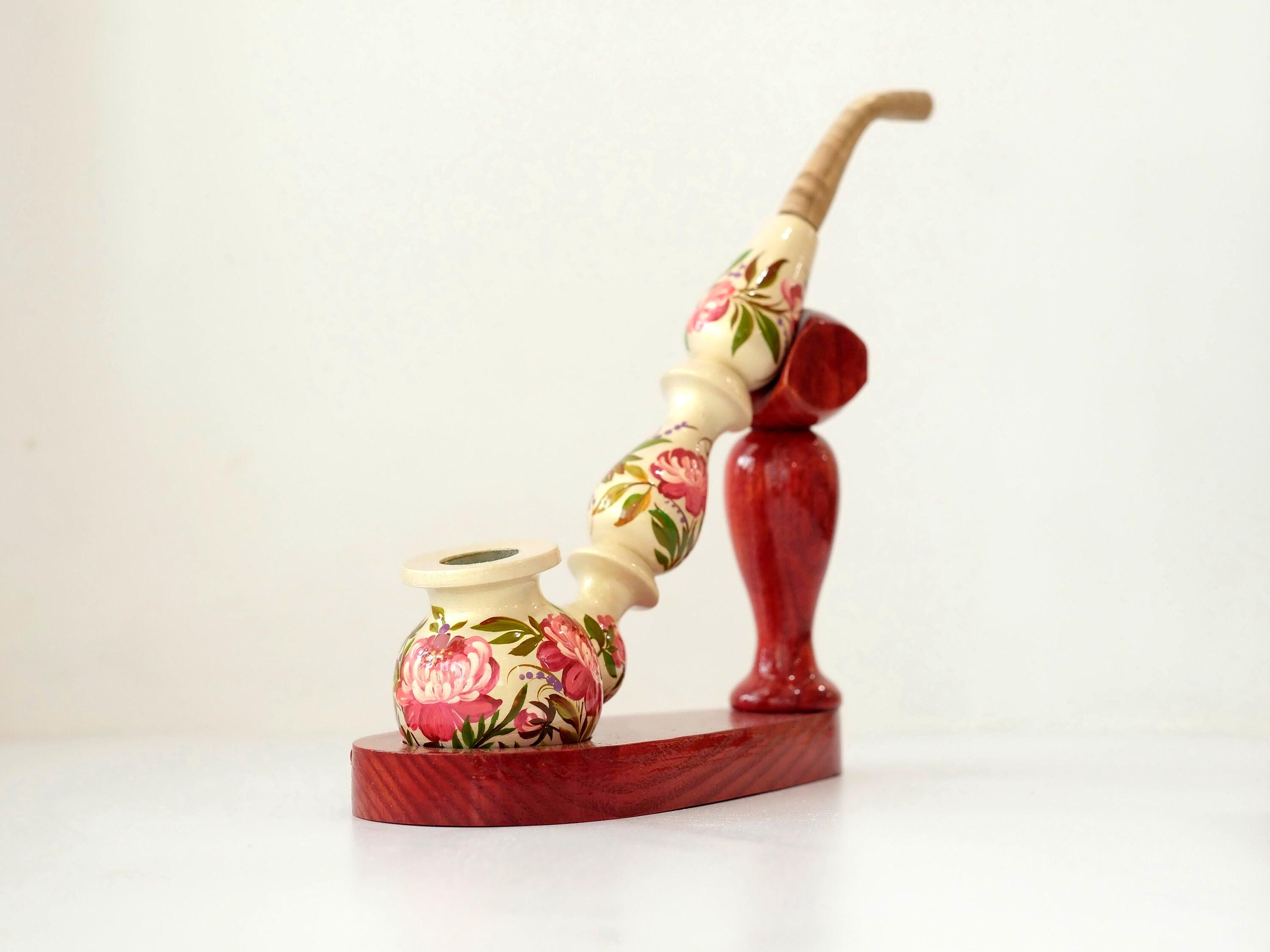 Long Wooden Smoking Pipe with Hand-painted Peonies - Ukrainian Folk Art Petrykivka, Pink Flower Tobacco Pipe