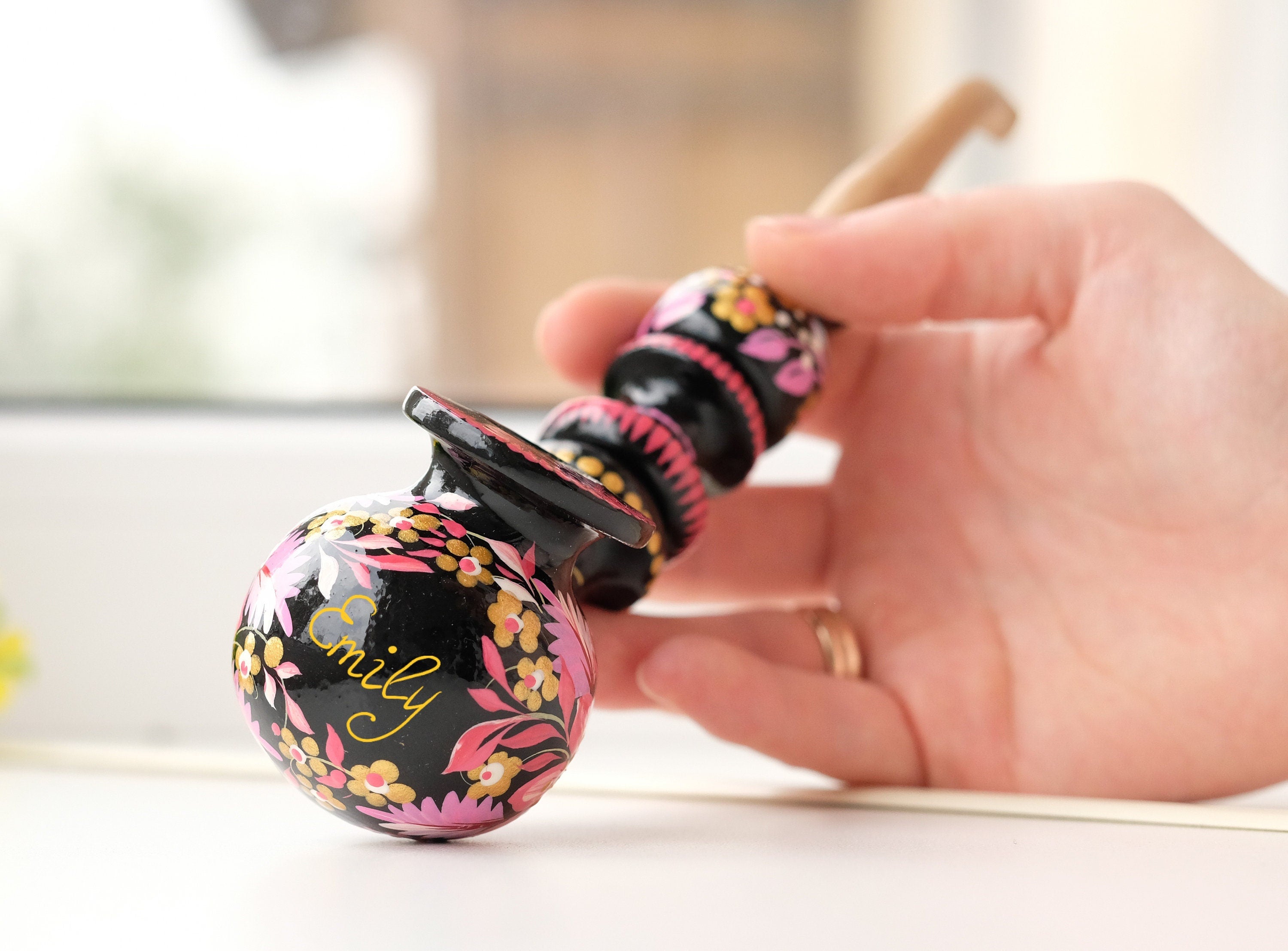 Personalized Painted Smoking Pipe with Ukrainian Folk Art Petrykivka - Wooden Pink Flower Tobacco Pipe
