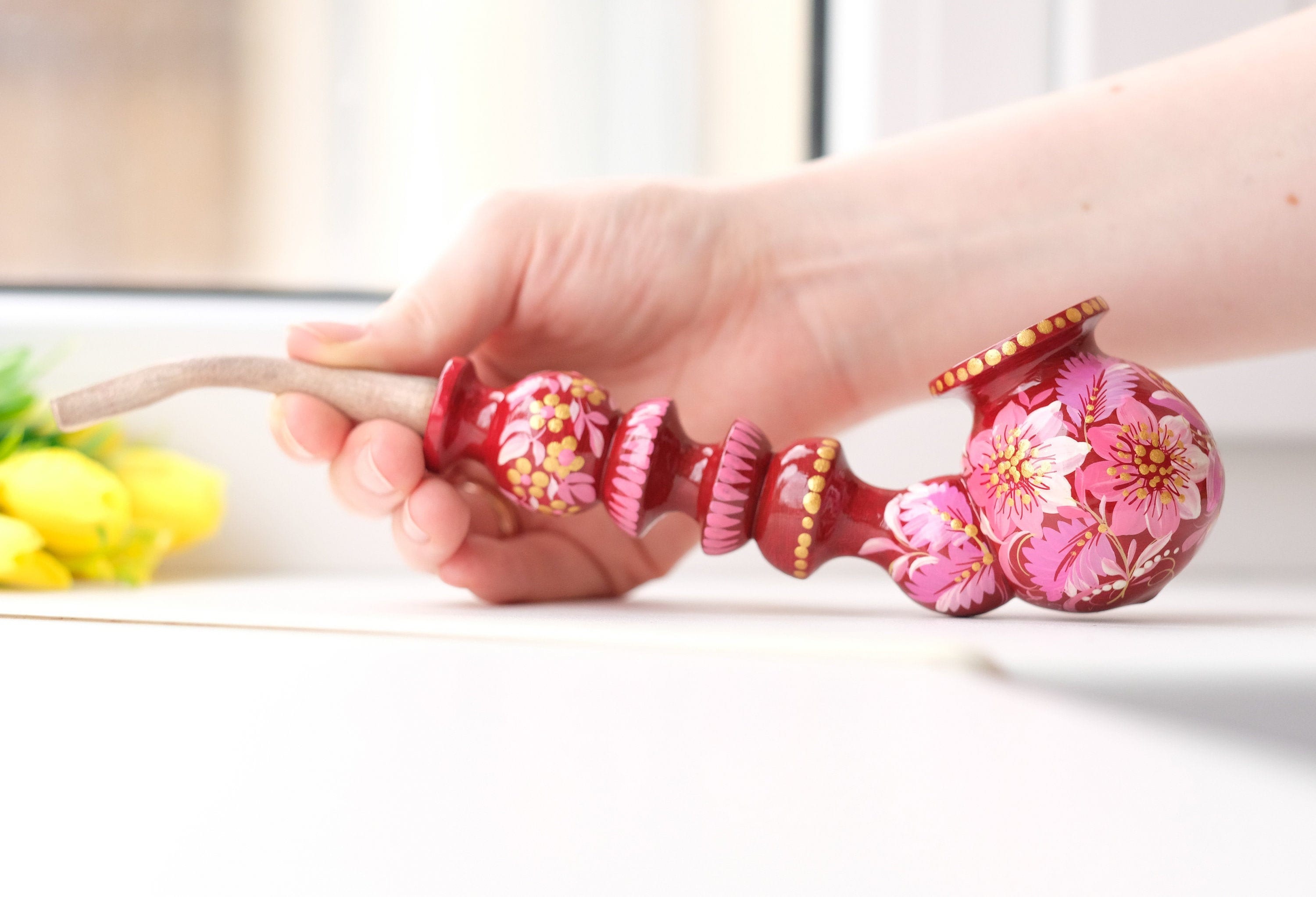 Painted Wooden Smoking Pipe with Ukrainian Folk Art Petrykivka - Pink Flower Tobacco Pipe