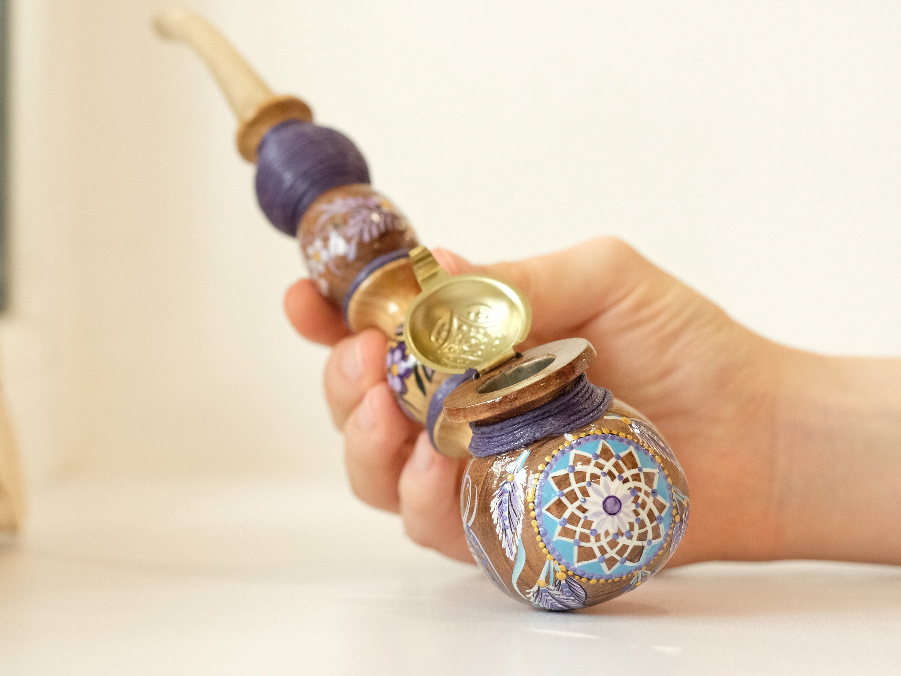Long wooden smoking pipe - Hand-painted Dream catcher tobacco pipe with lid & waxed cord wrap