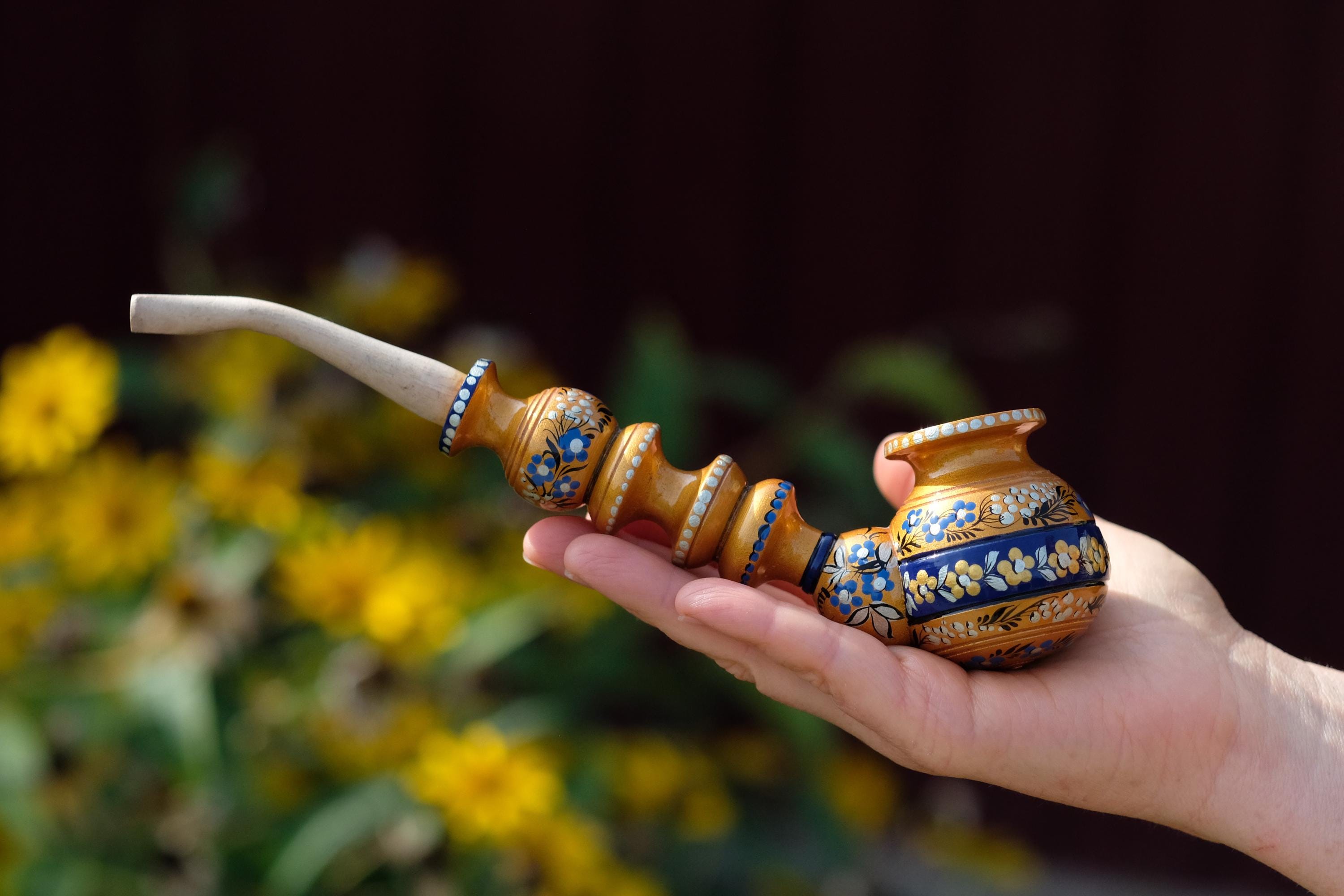 Painted Wooden Tobacco Smoking Pipe - Handmade with Ukrainian Folk Art Petrykivka
