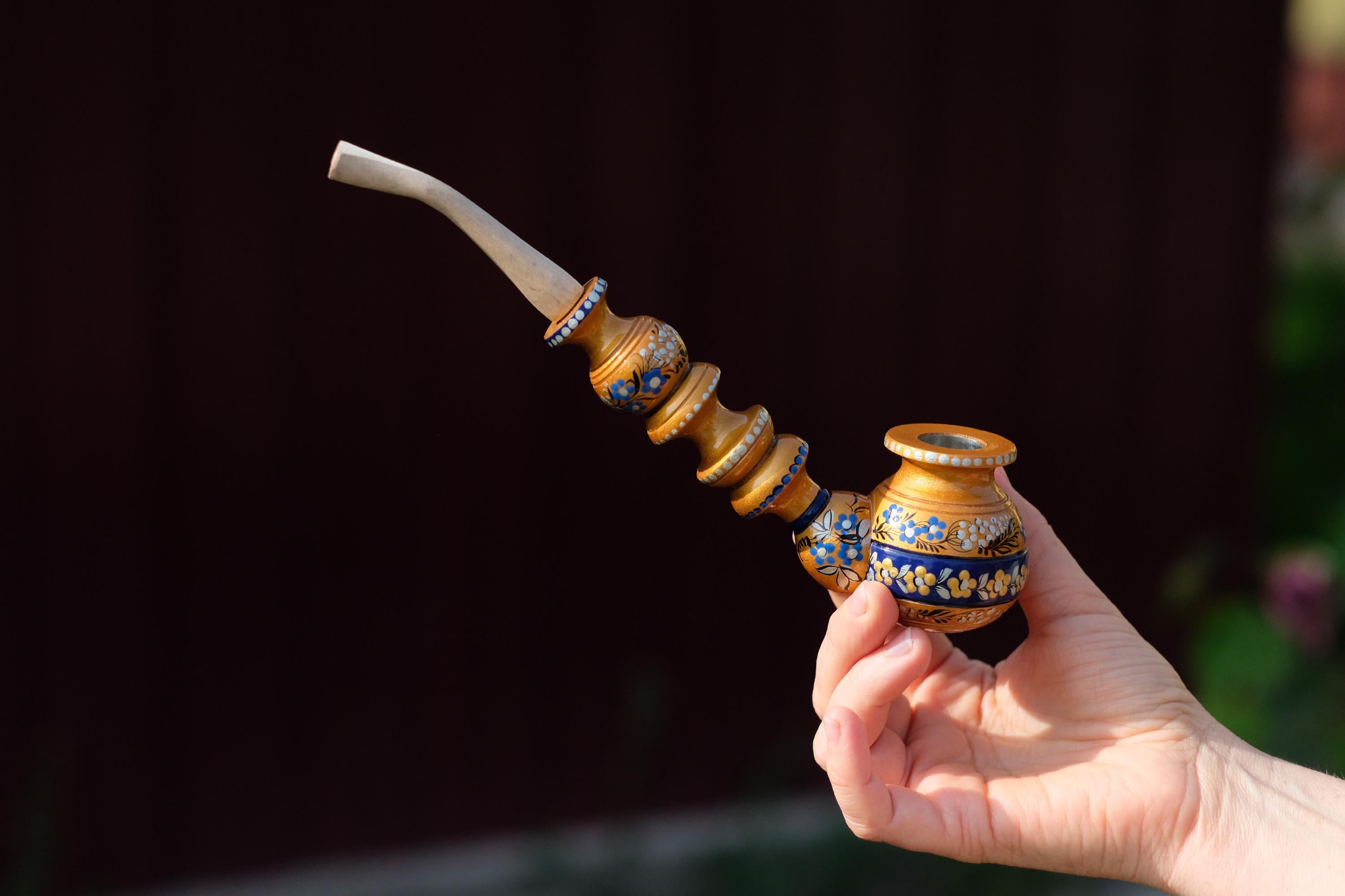 Painted Wooden Tobacco Smoking Pipe - Handmade with Ukrainian Folk Art Petrykivka
