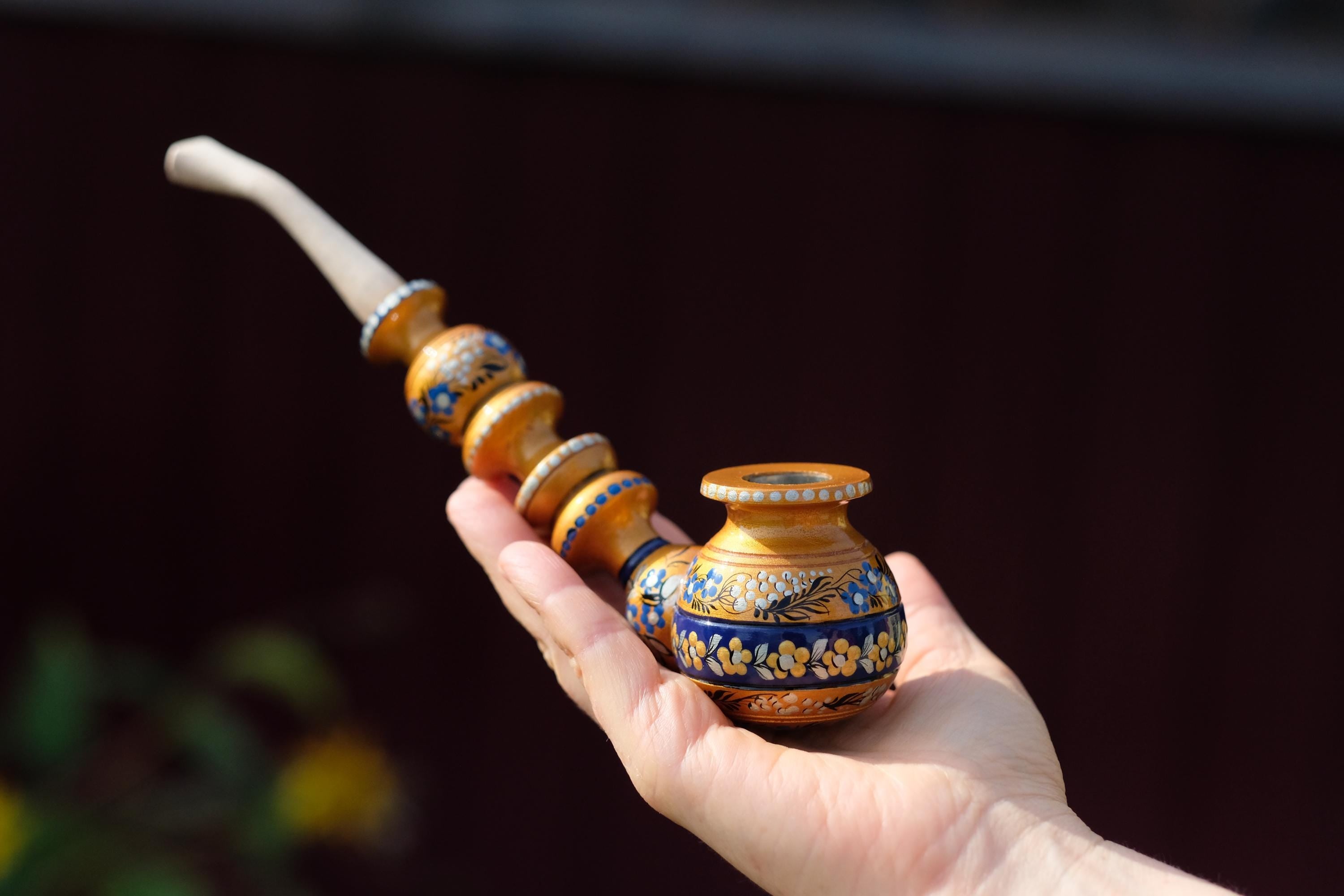 Painted Wooden Tobacco Smoking Pipe - Handmade with Ukrainian Folk Art Petrykivka