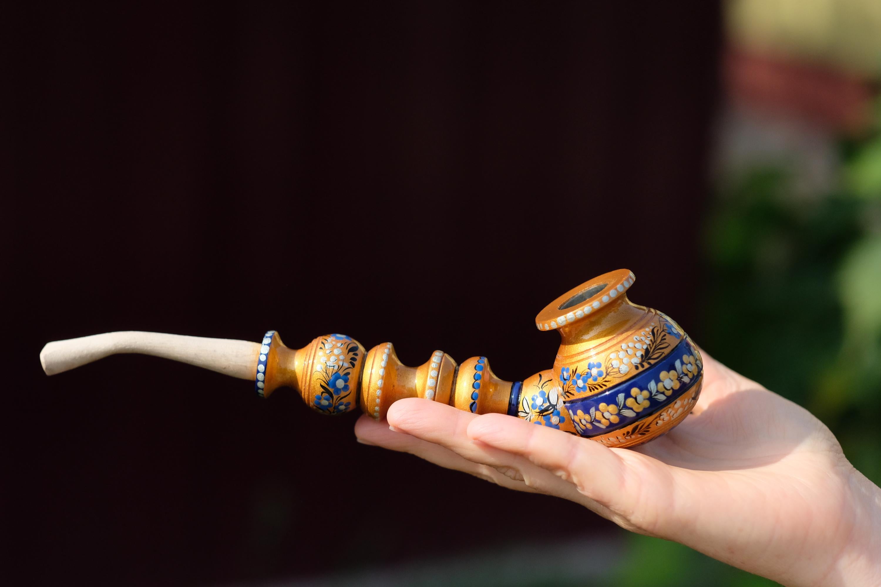 Painted Wooden Tobacco Smoking Pipe - Handmade with Ukrainian Folk Art Petrykivka