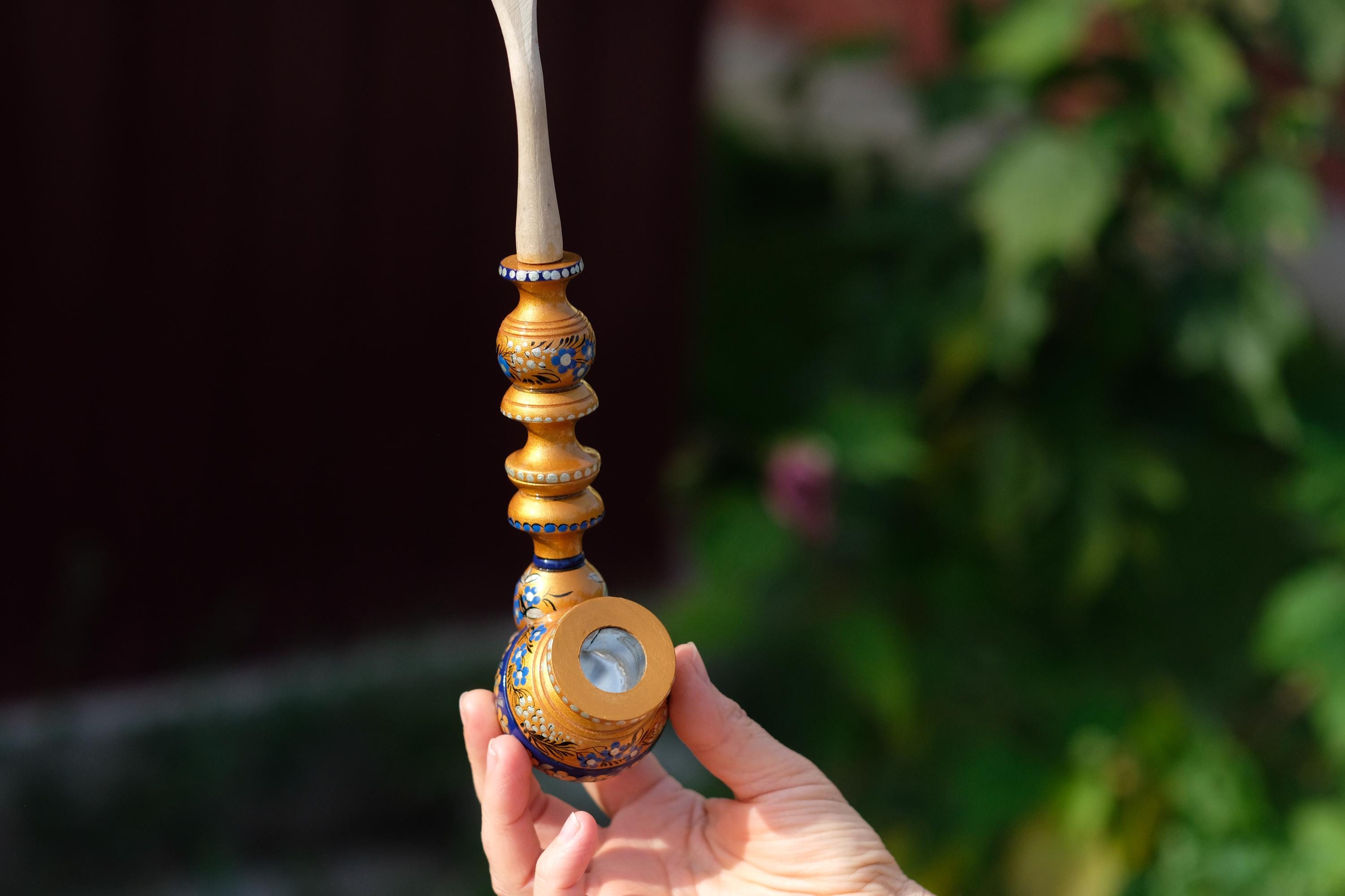 Painted Wooden Tobacco Smoking Pipe - Handmade with Ukrainian Folk Art Petrykivka