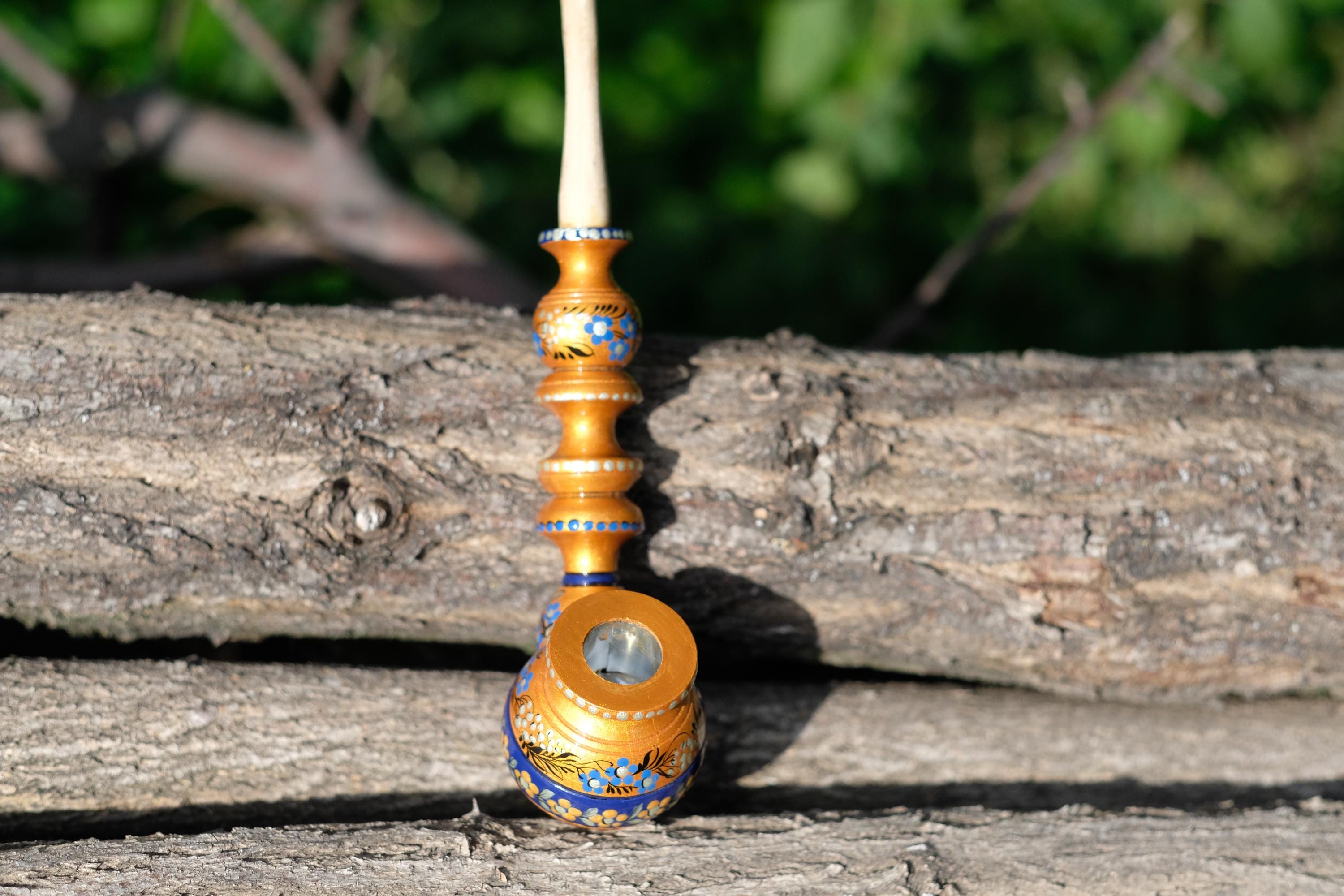 Painted Wooden Tobacco Smoking Pipe - Handmade with Ukrainian Folk Art Petrykivka