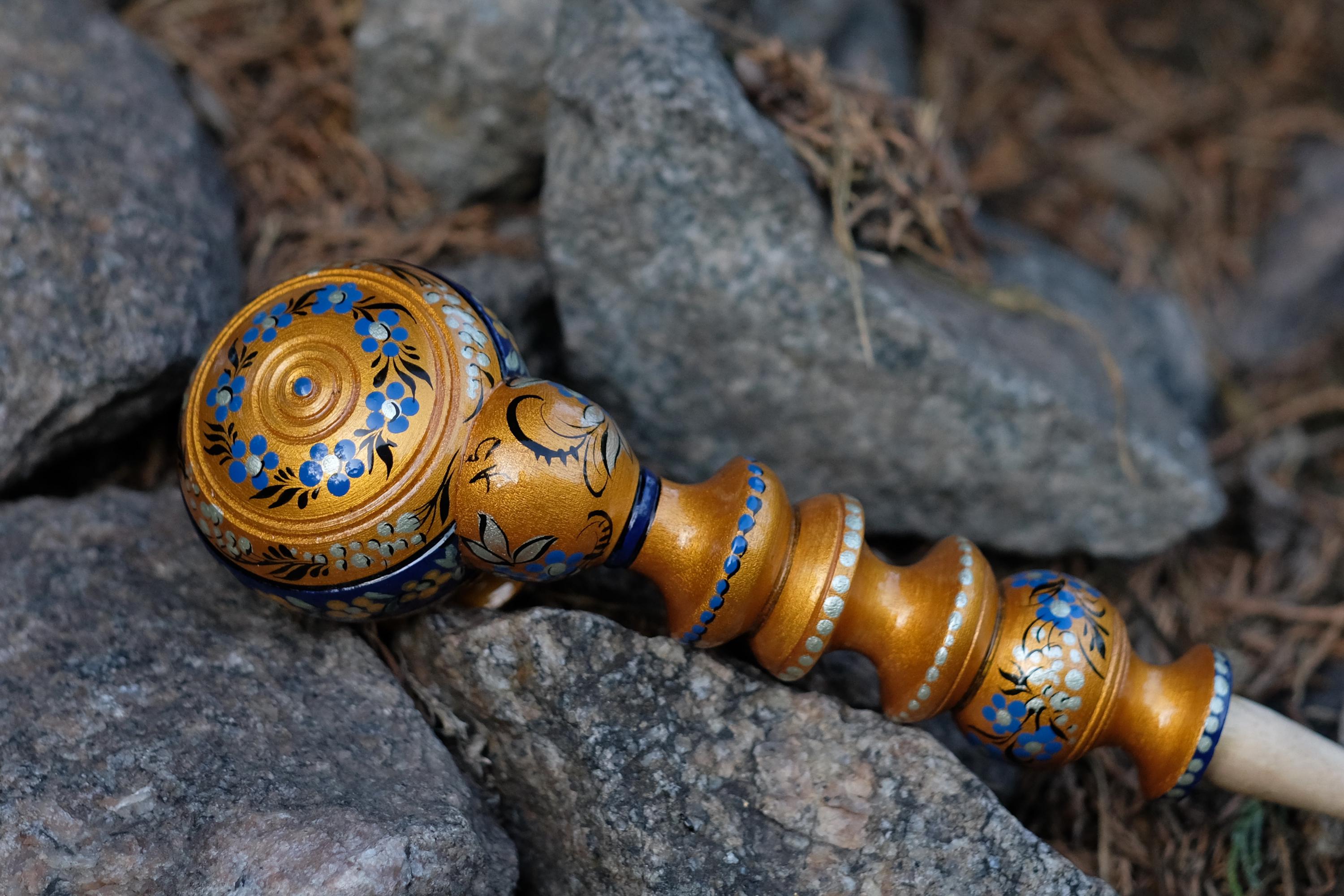 Painted Wooden Tobacco Smoking Pipe - Handmade with Ukrainian Folk Art Petrykivka
