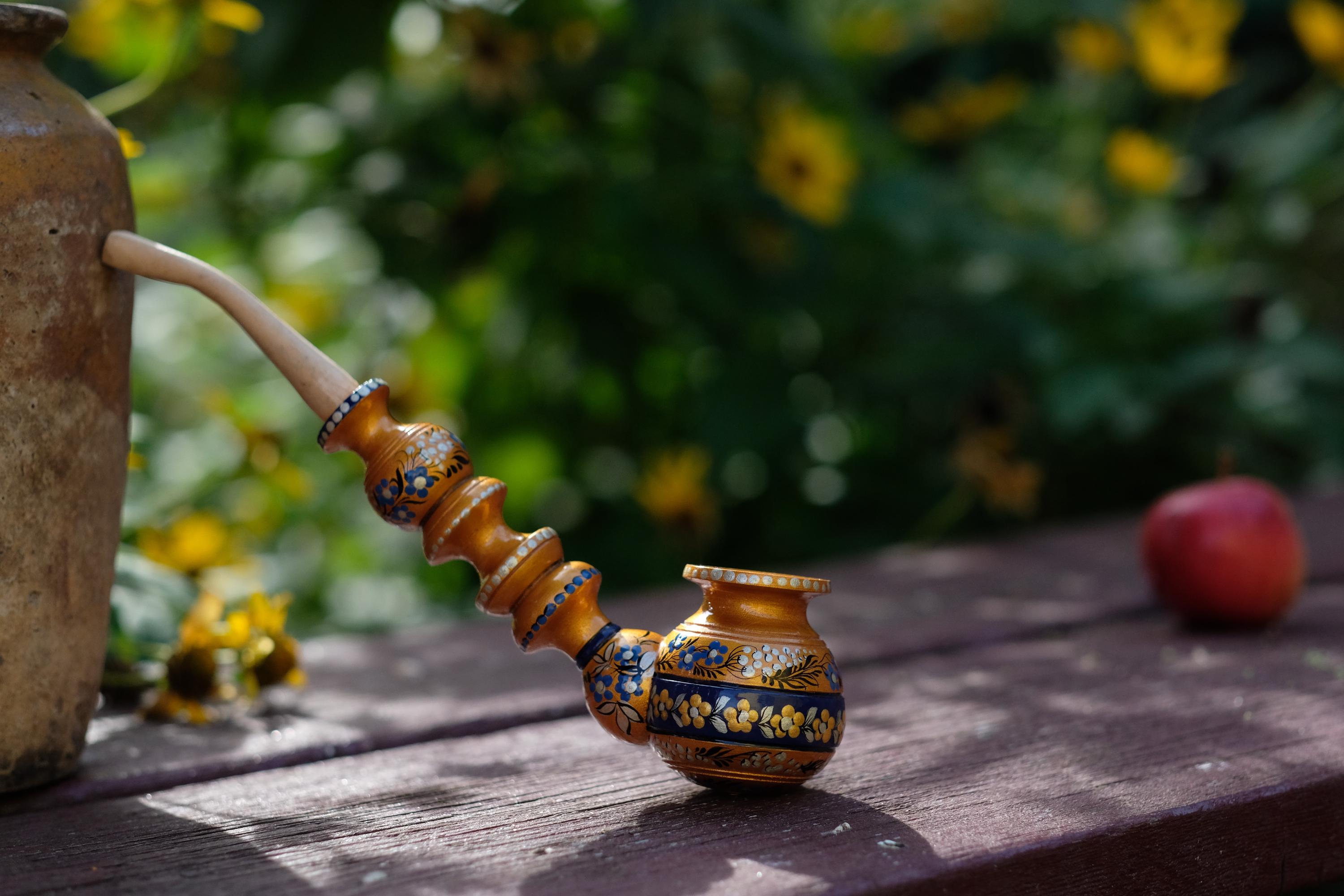 Painted Wooden Tobacco Smoking Pipe - Handmade with Ukrainian Folk Art Petrykivka