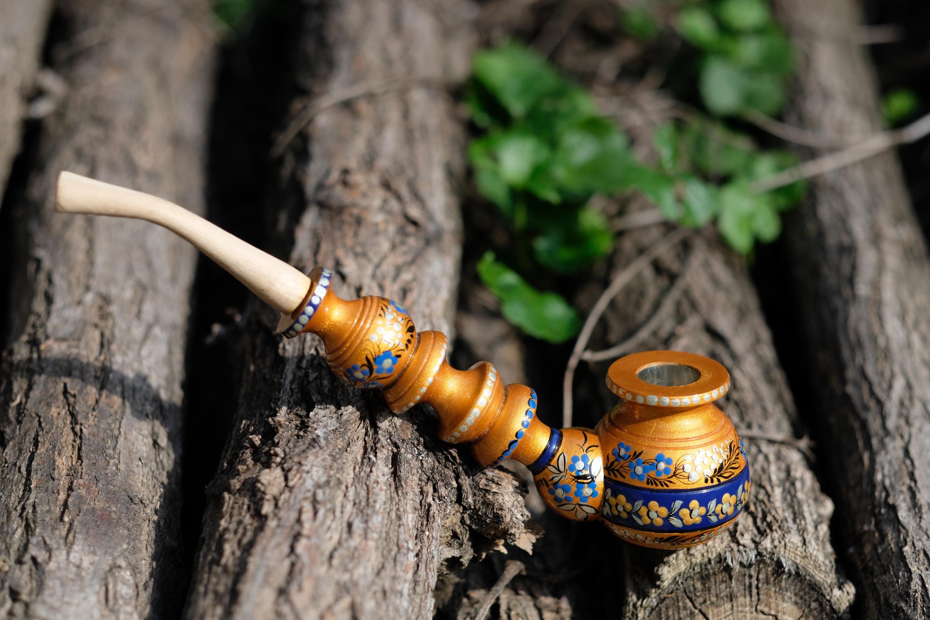 Painted Wooden Tobacco Smoking Pipe - Handmade with Ukrainian Folk Art Petrykivka