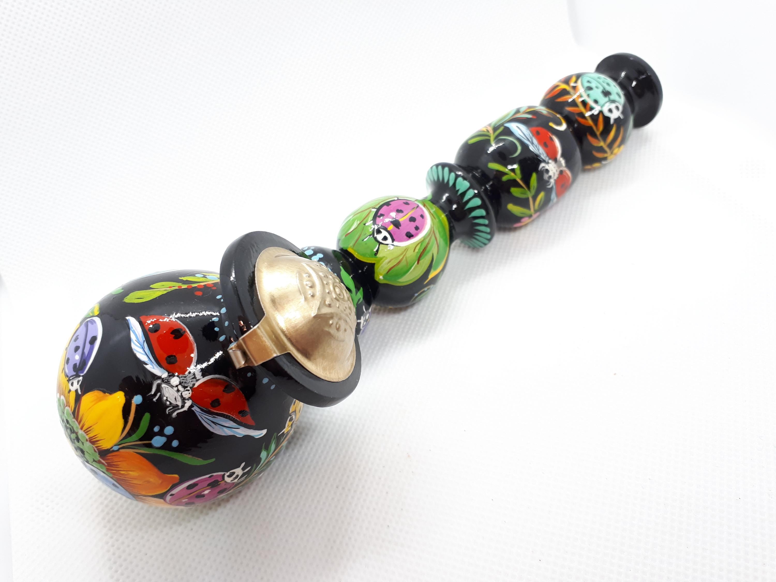 Long Wooden Smoking Pipe with Lid - Painted Ladybug Tobacco Pipe - Ukrainian Folk Art Petrykivka