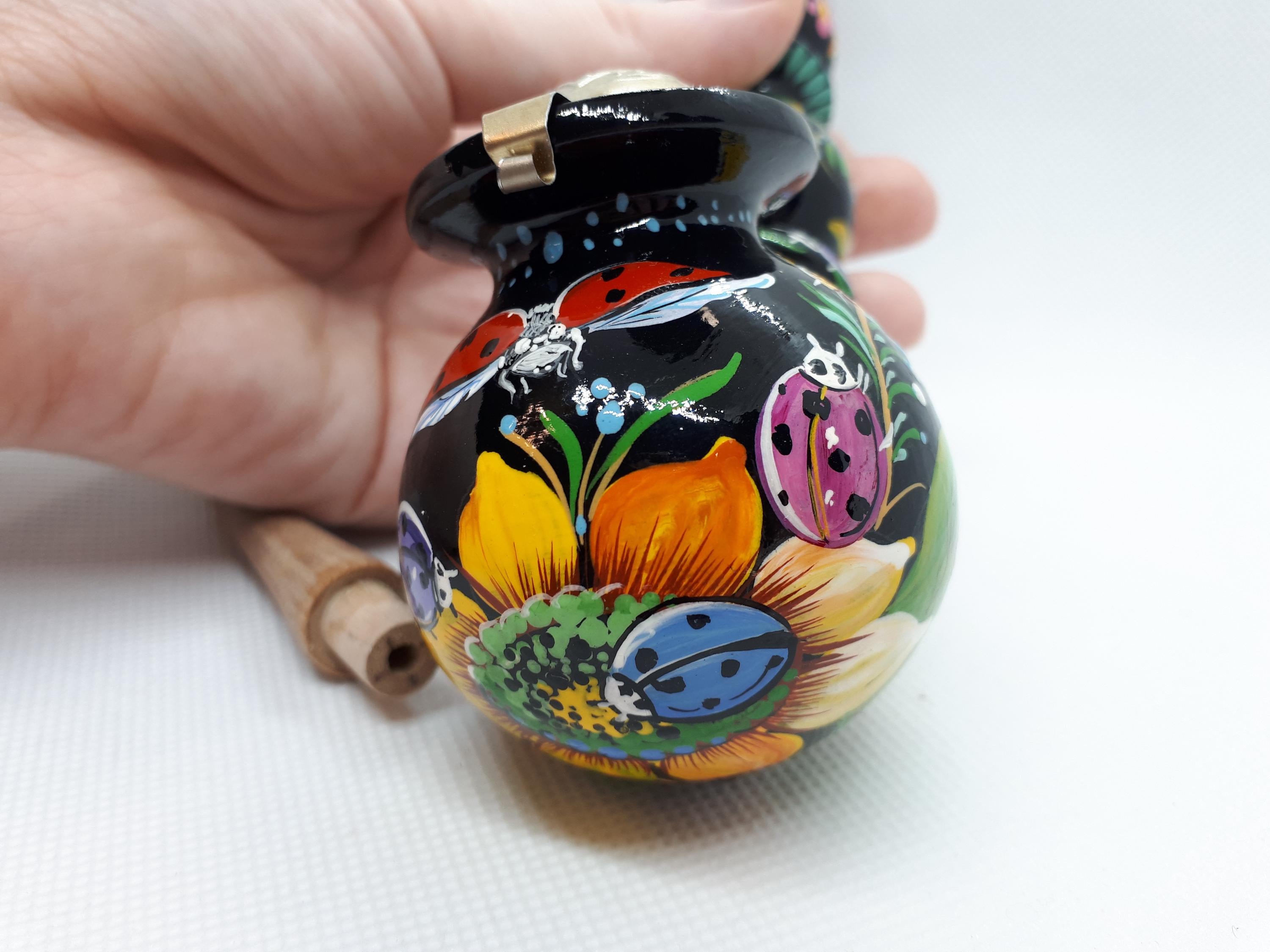 Long Wooden Smoking Pipe with Lid - Painted Ladybug Tobacco Pipe - Ukrainian Folk Art Petrykivka