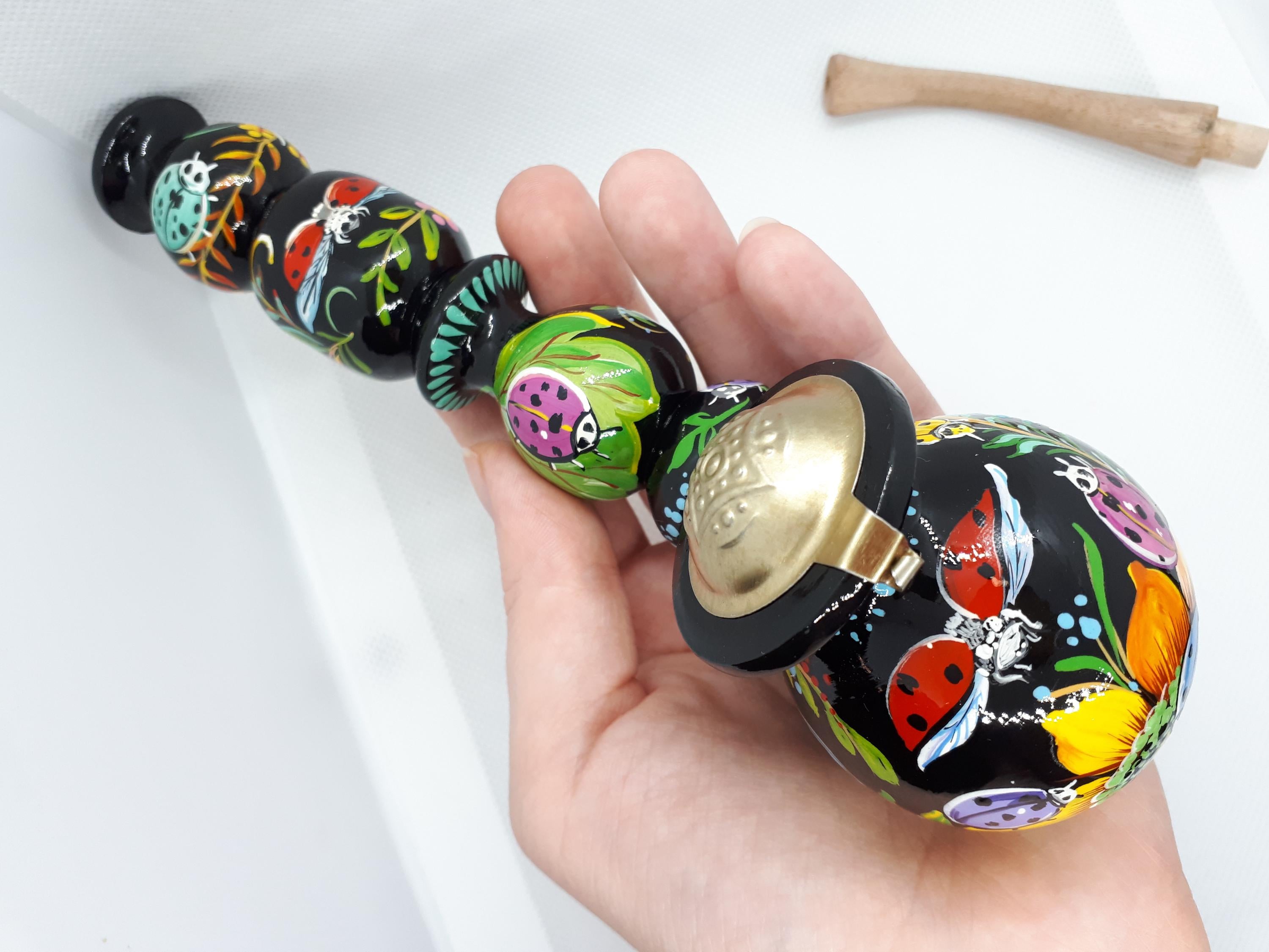 Long Wooden Smoking Pipe with Lid - Painted Ladybug Tobacco Pipe - Ukrainian Folk Art Petrykivka