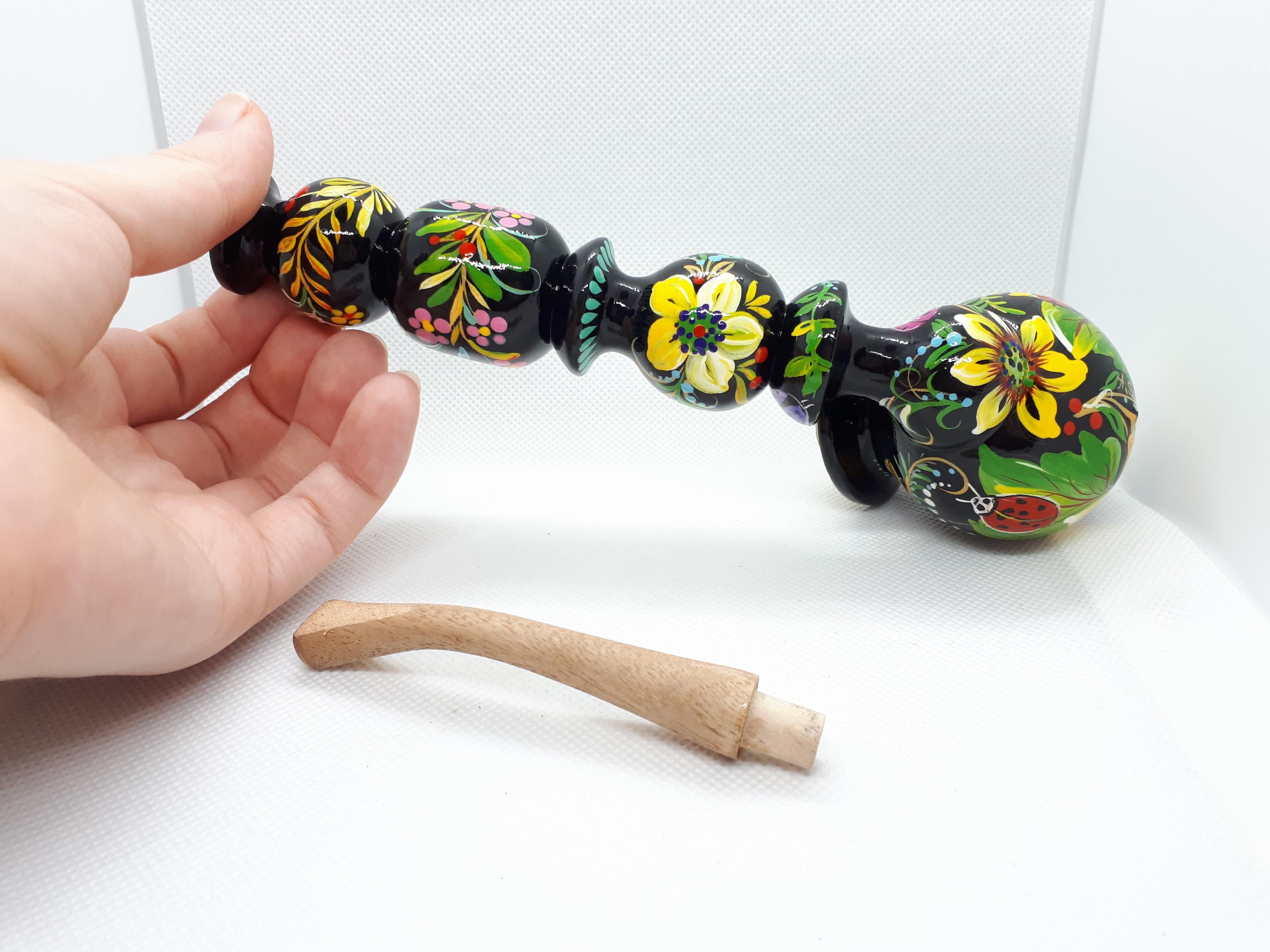 Long Wooden Smoking Pipe with Lid - Painted Ladybug Tobacco Pipe - Ukrainian Folk Art Petrykivka