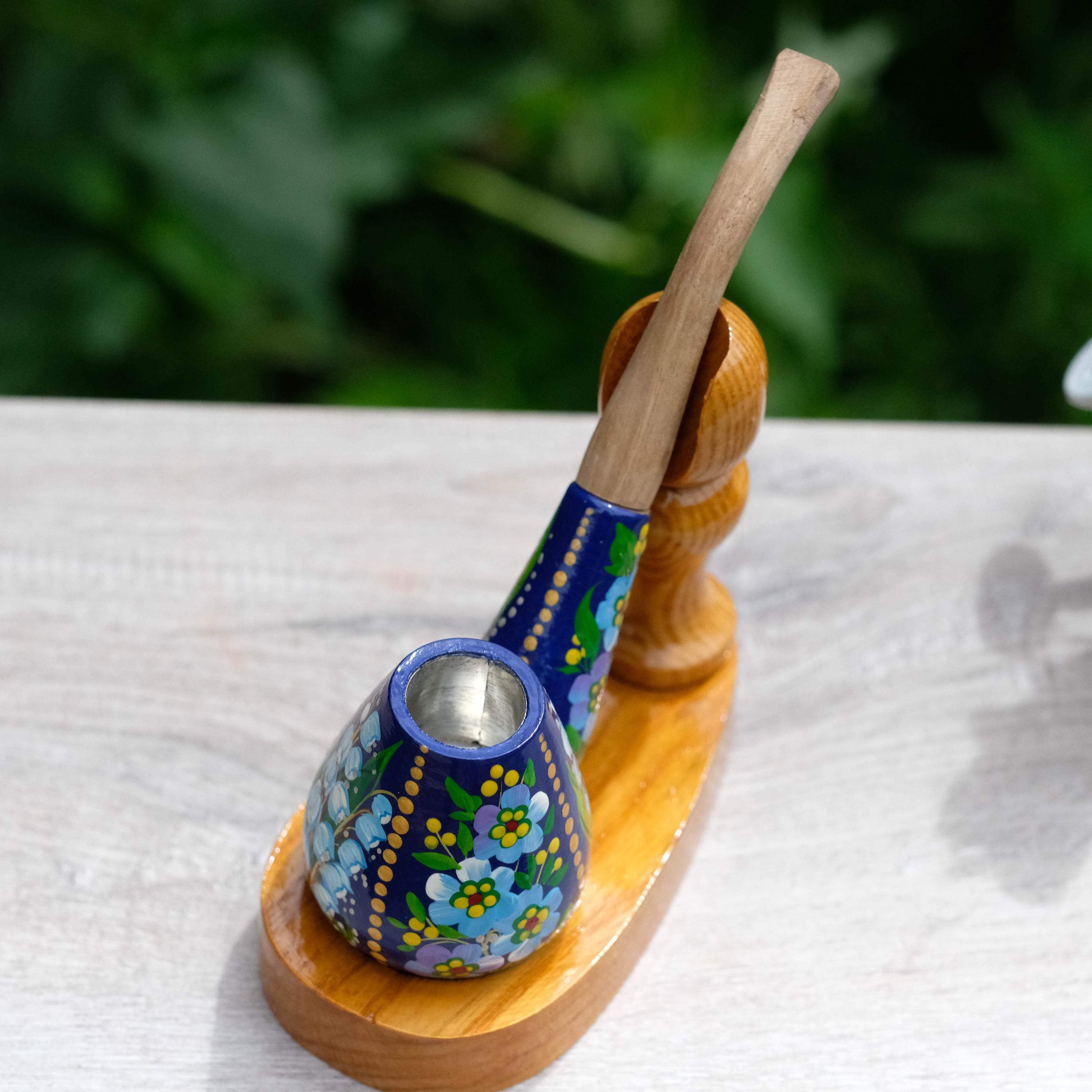 Painted Wooden Smoking Pipe - Lily of the Valley & Forget-me-not Tobacco Pipe, Ukrainian Folk Art Petrykivka