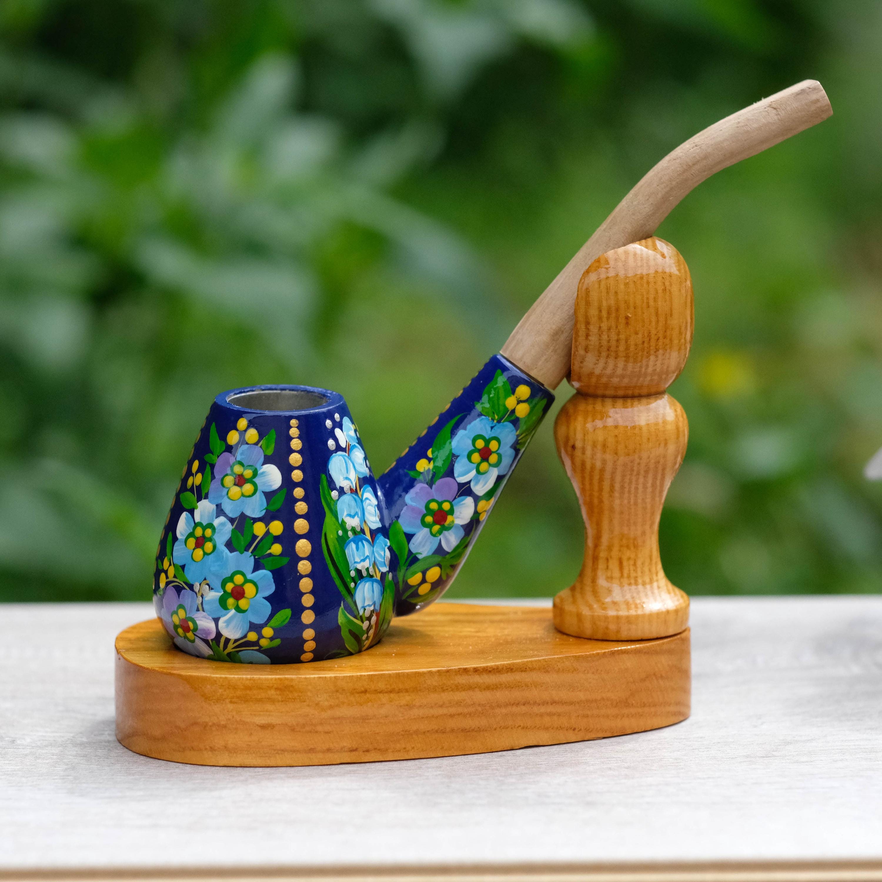 Painted Wooden Smoking Pipe - Lily of the Valley & Forget-me-not Tobacco Pipe, Ukrainian Folk Art Petrykivka