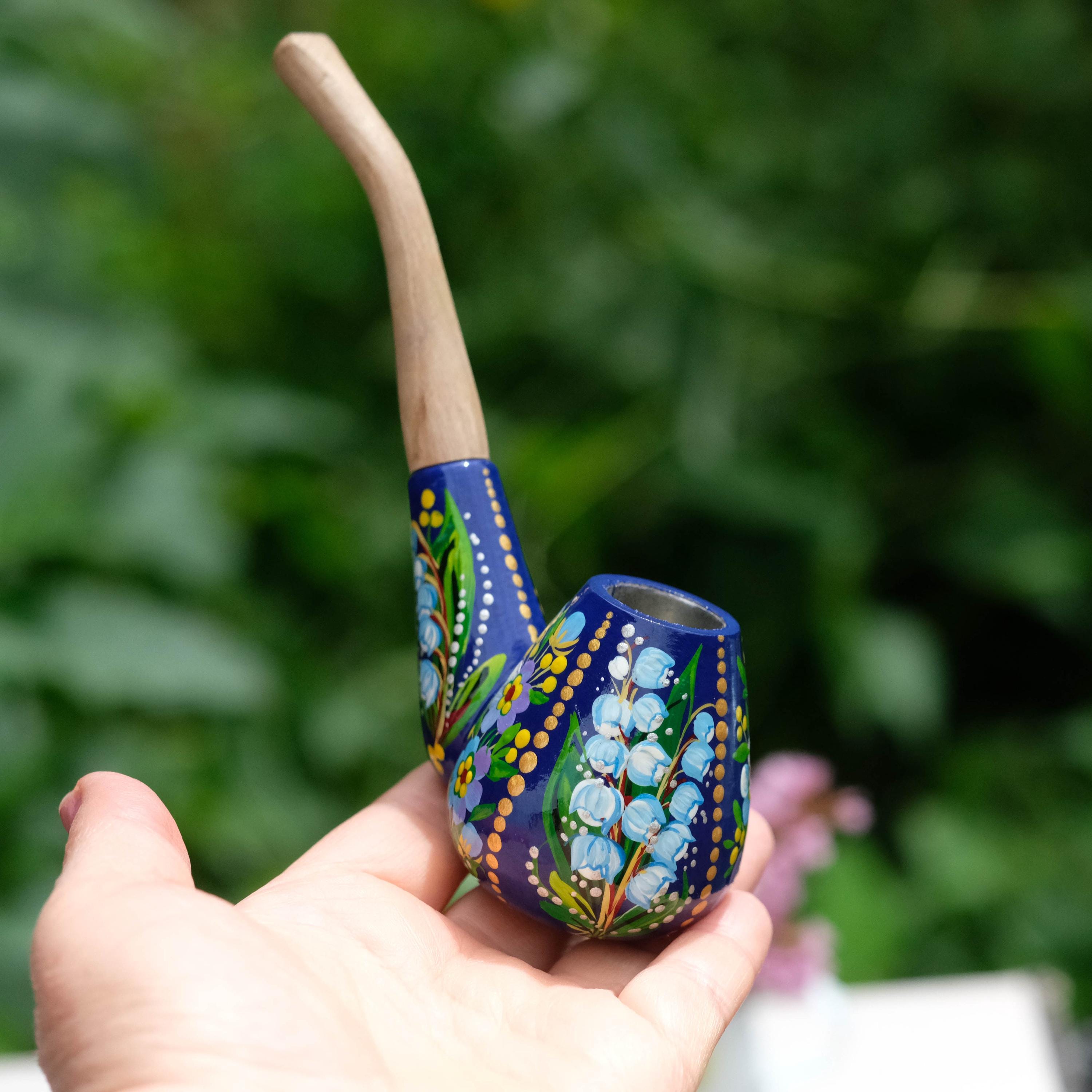 Painted Wooden Smoking Pipe - Lily of the Valley & Forget-me-not Tobacco Pipe, Ukrainian Folk Art Petrykivka