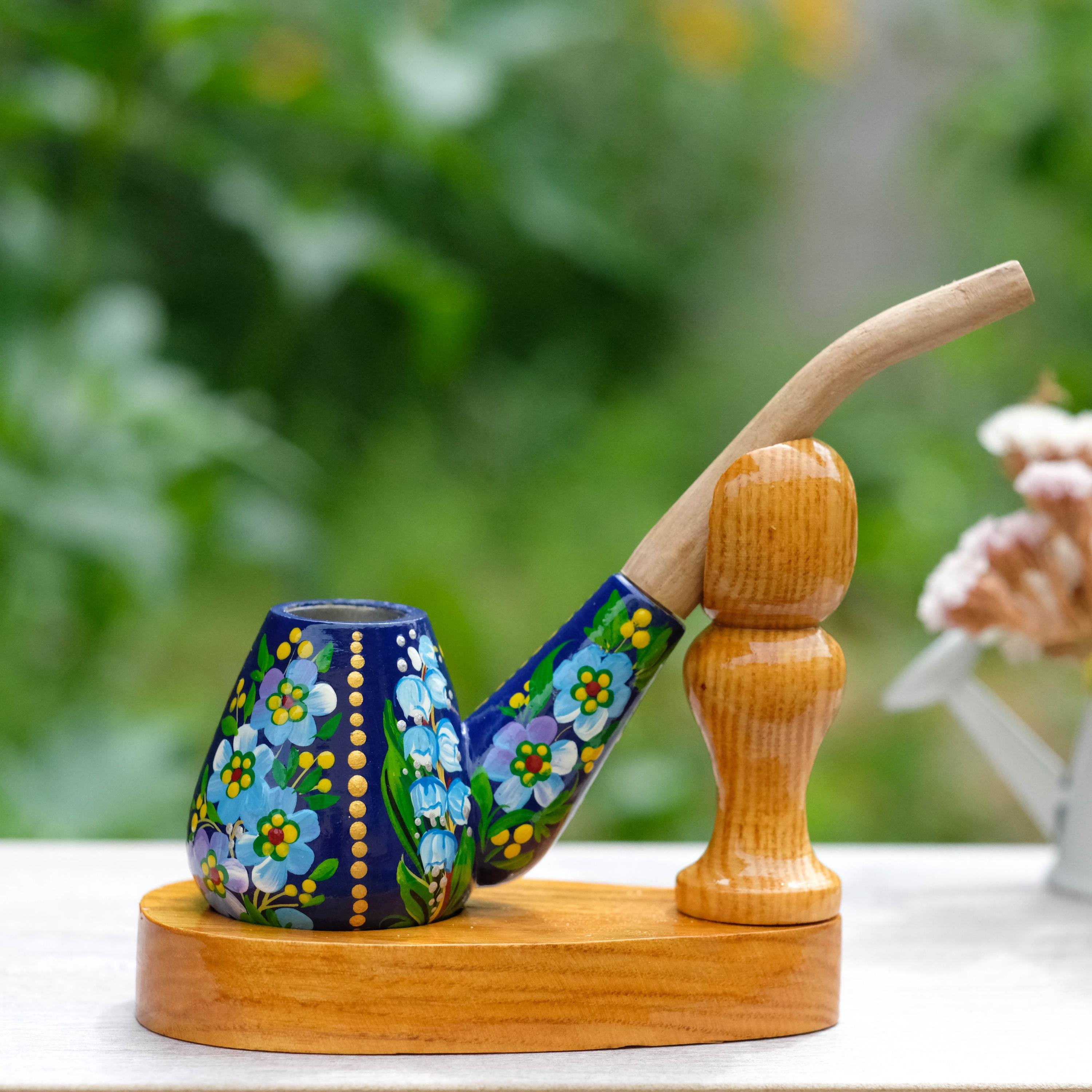 Painted Wooden Smoking Pipe - Lily of the Valley & Forget-me-not Tobacco Pipe, Ukrainian Folk Art Petrykivka