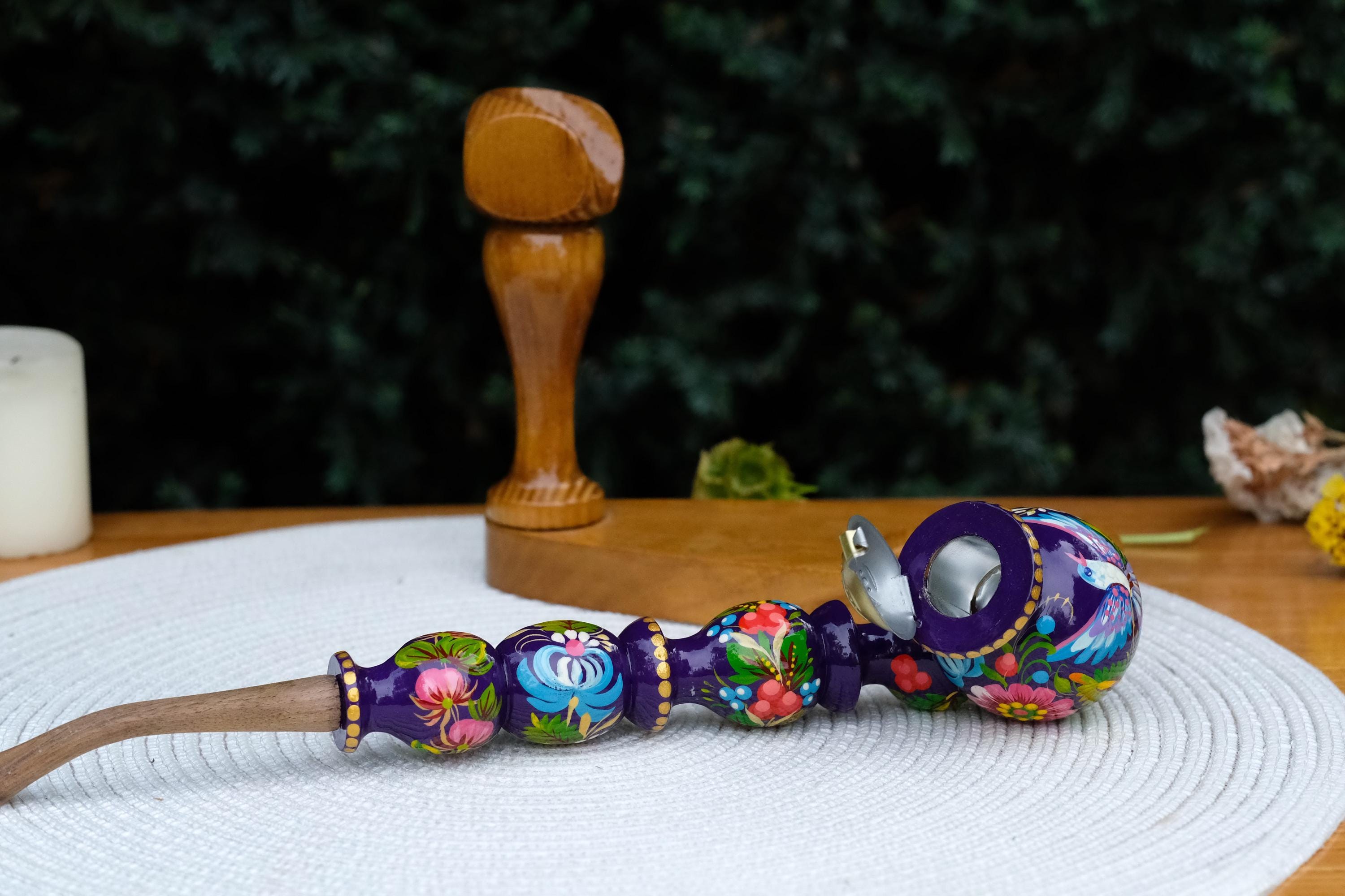 Long Wooden Smoking Pipe Painted with Dove - Ukrainian Folk Art Petrykivka, Purple Flower Tobacco Pipe