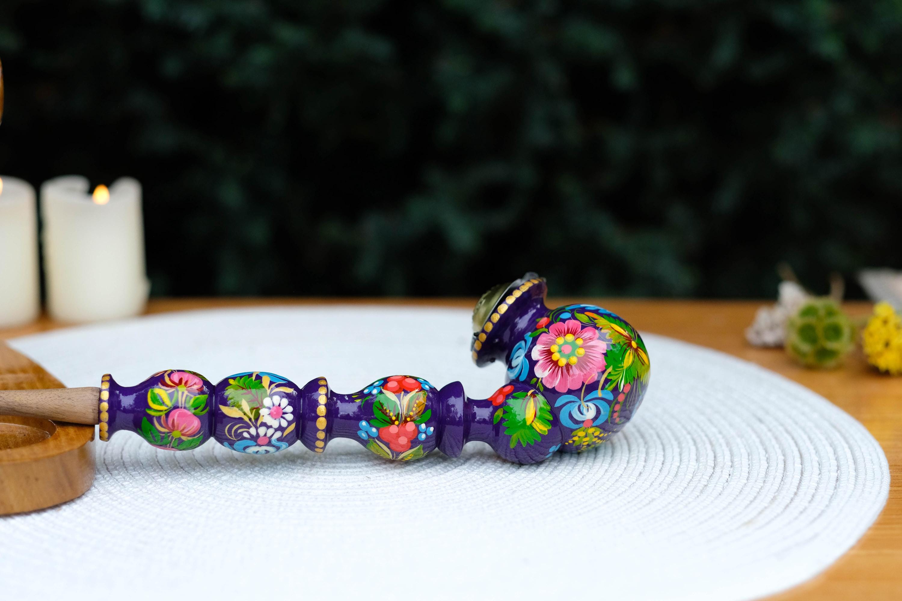 Long Wooden Smoking Pipe Painted with Dove - Ukrainian Folk Art Petrykivka, Purple Flower Tobacco Pipe