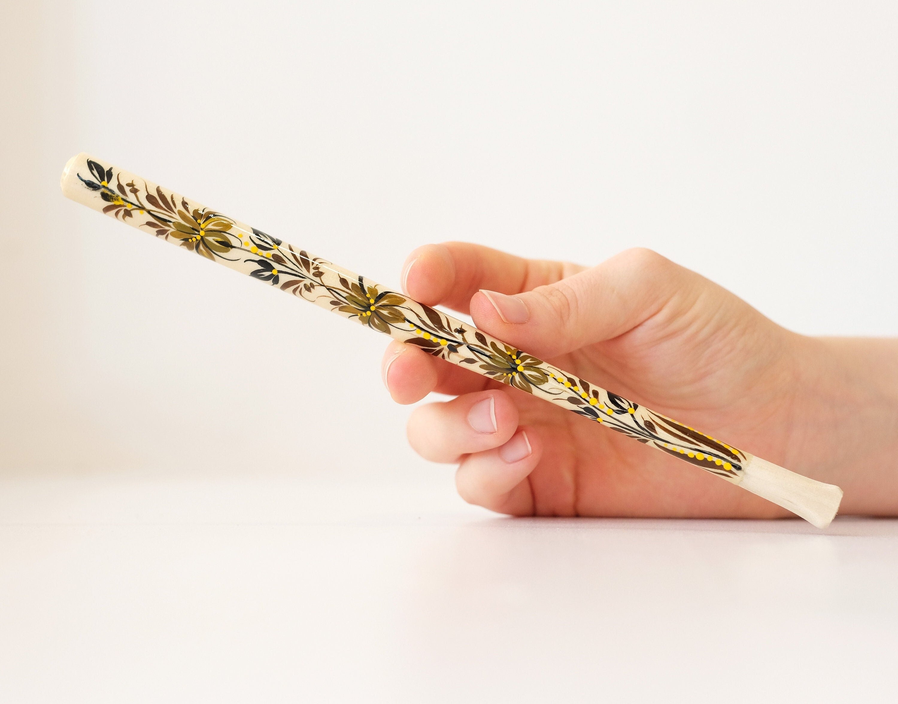 Extra long Wooden Regular Cigarette Holder - Hand-painted with Ukrainian Folk Art Petrykivka - Brown Flowers