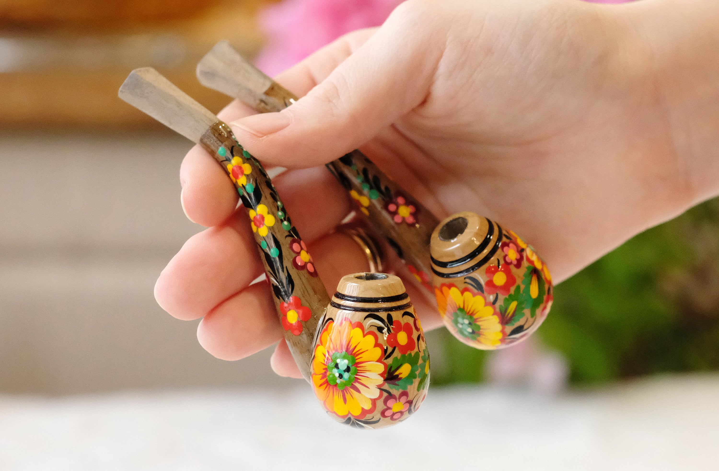 Regular Cigarette Holder - Painted Wooden Mini Pipe Cigarette Holder with Ukrainian Sunflowers