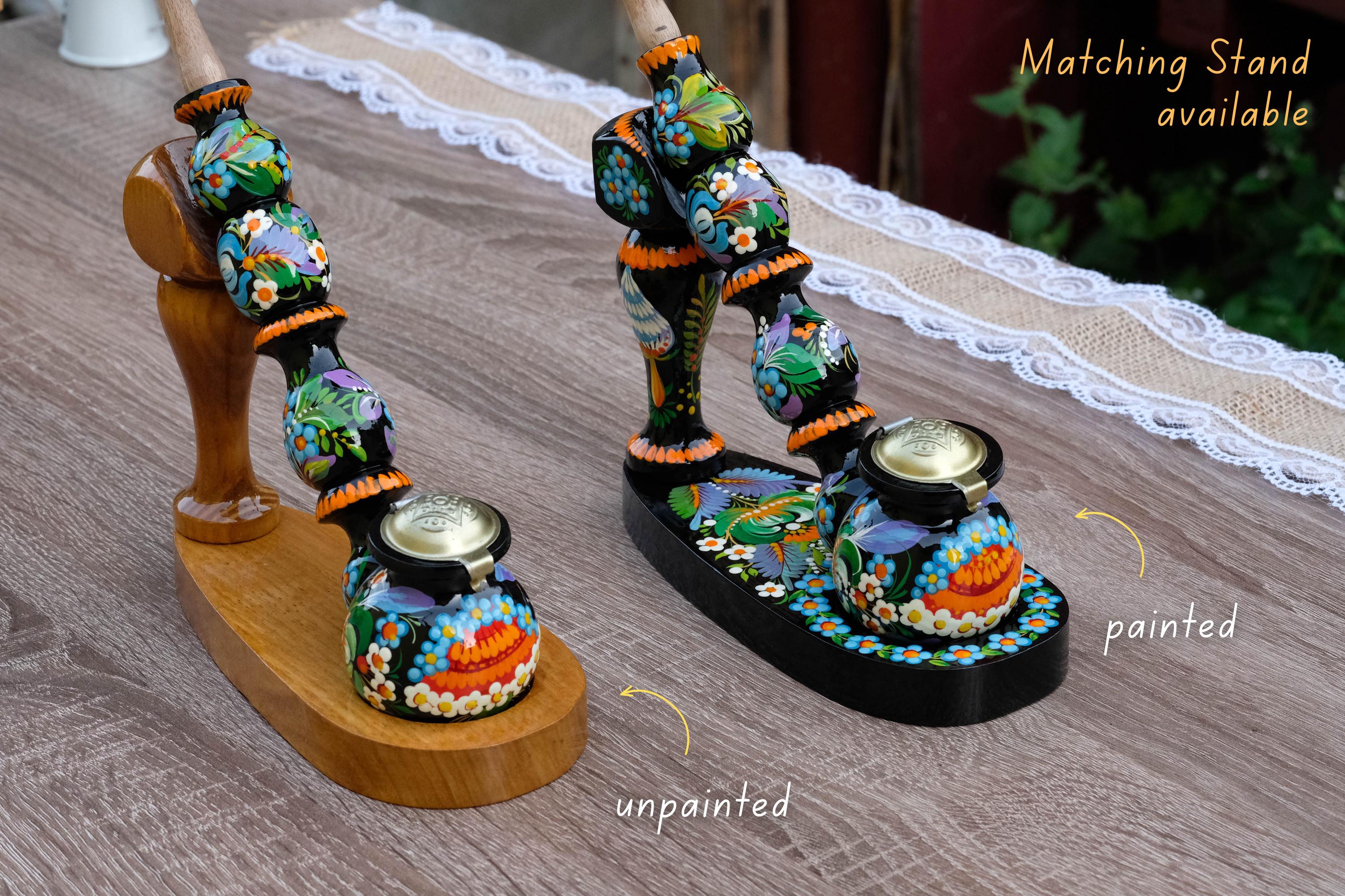 Painted Wooden Mushroom Smoking Pipe - Ukrainian Folk Art Petrykivka Tobacco Pipe with Blue Flowers