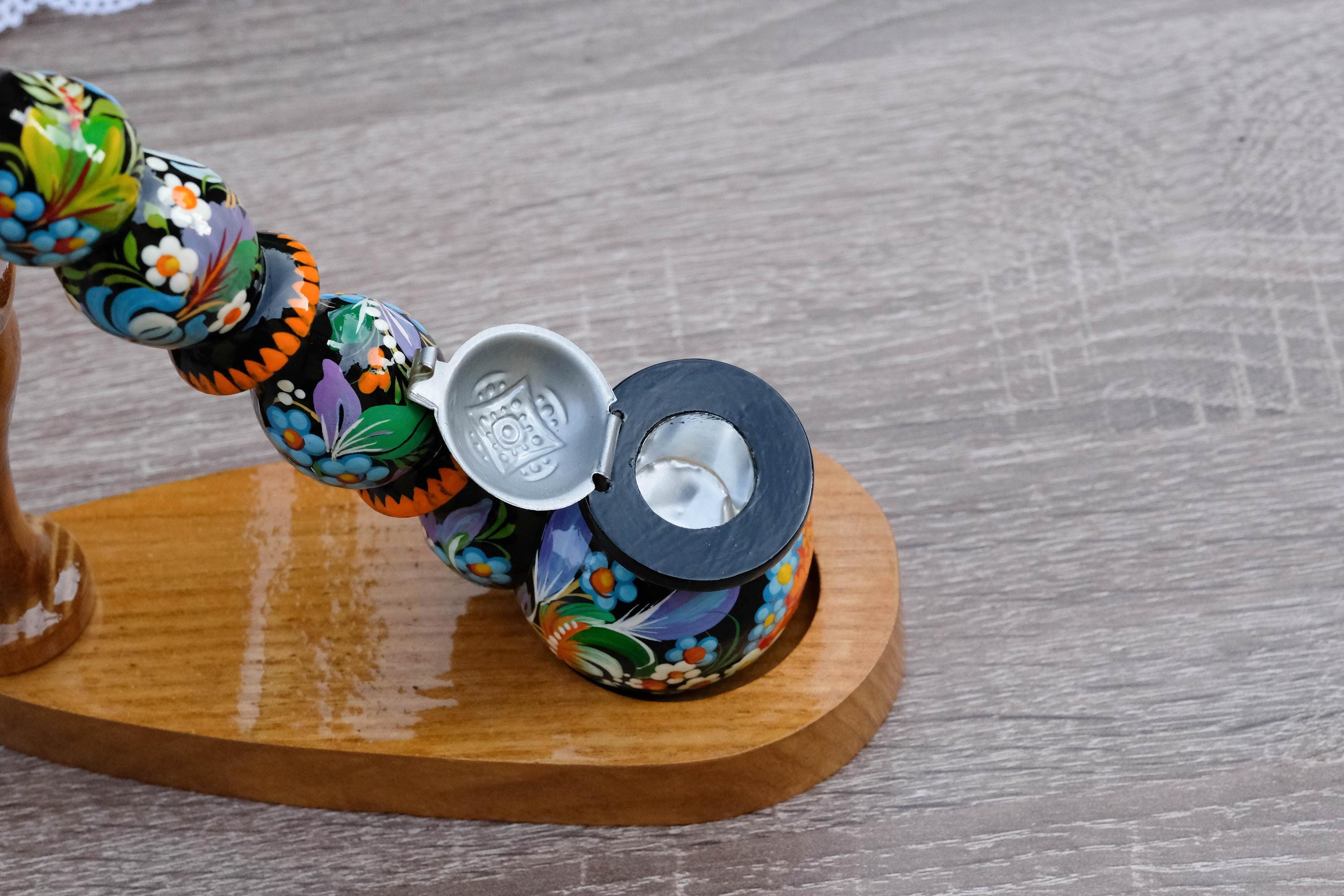 Painted Wooden Mushroom Smoking Pipe - Ukrainian Folk Art Petrykivka Tobacco Pipe with Blue Flowers