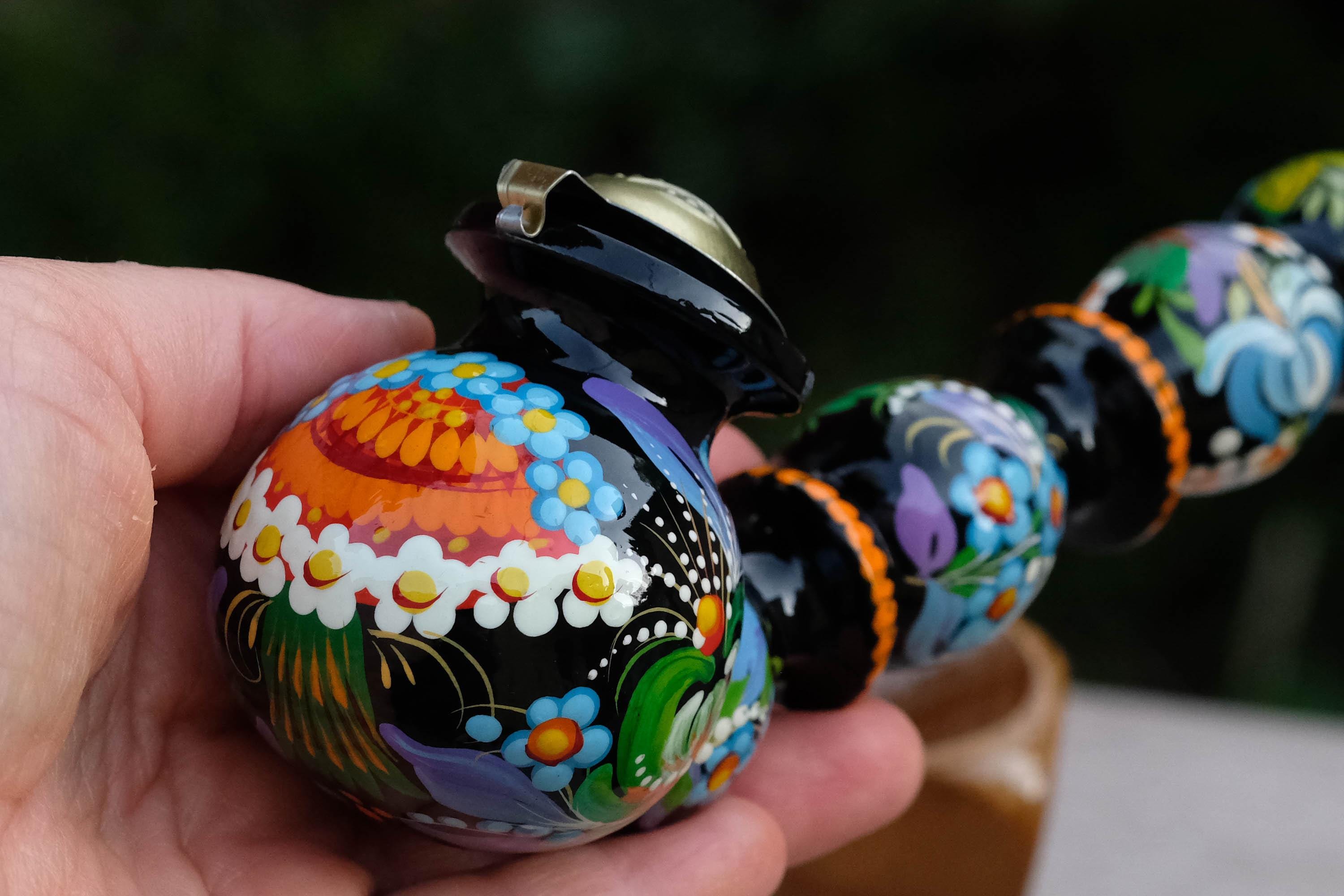 Painted Wooden Mushroom Smoking Pipe - Ukrainian Folk Art Petrykivka Tobacco Pipe with Blue Flowers