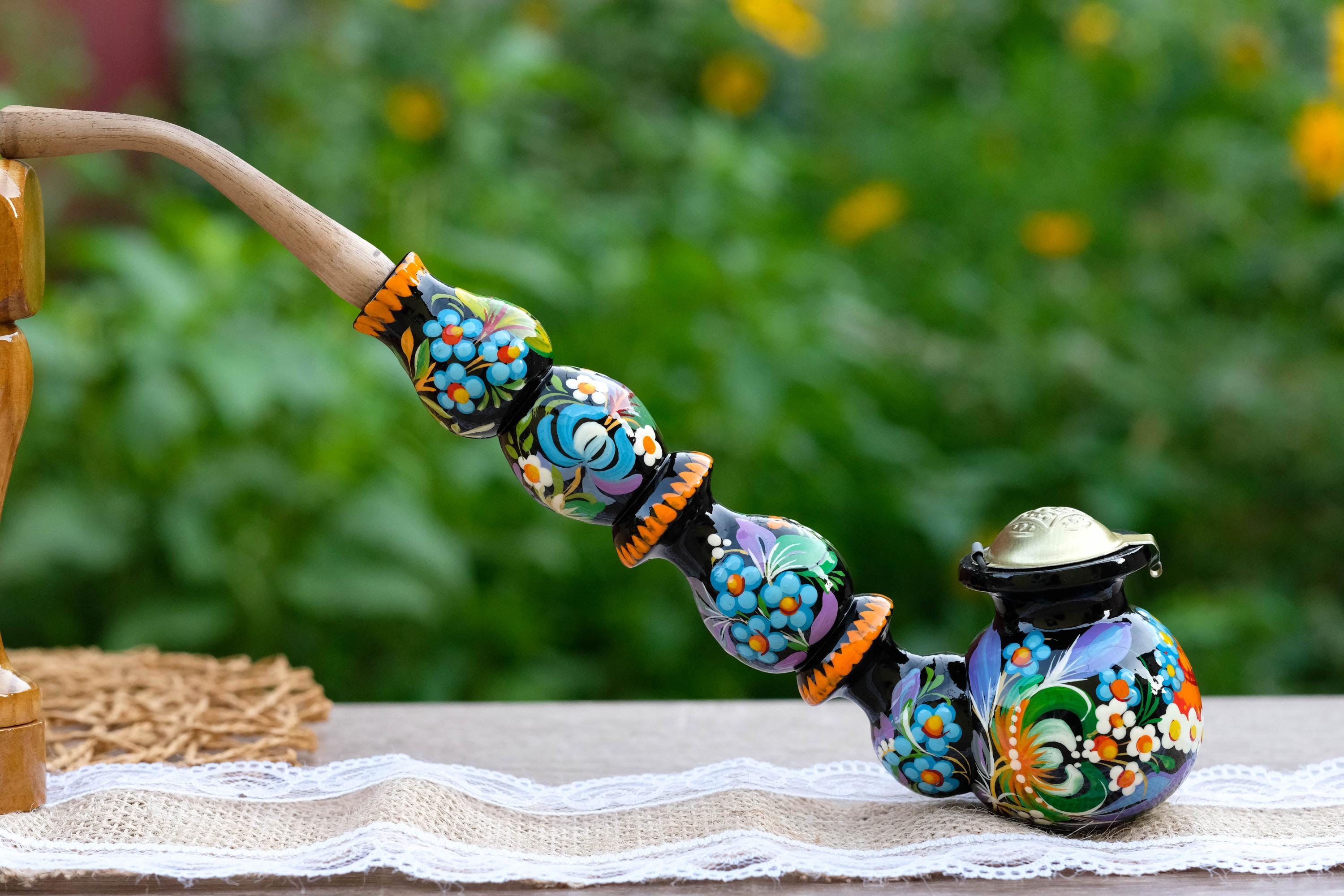 Painted Wooden Mushroom Smoking Pipe - Ukrainian Folk Art Petrykivka Tobacco Pipe with Blue Flowers