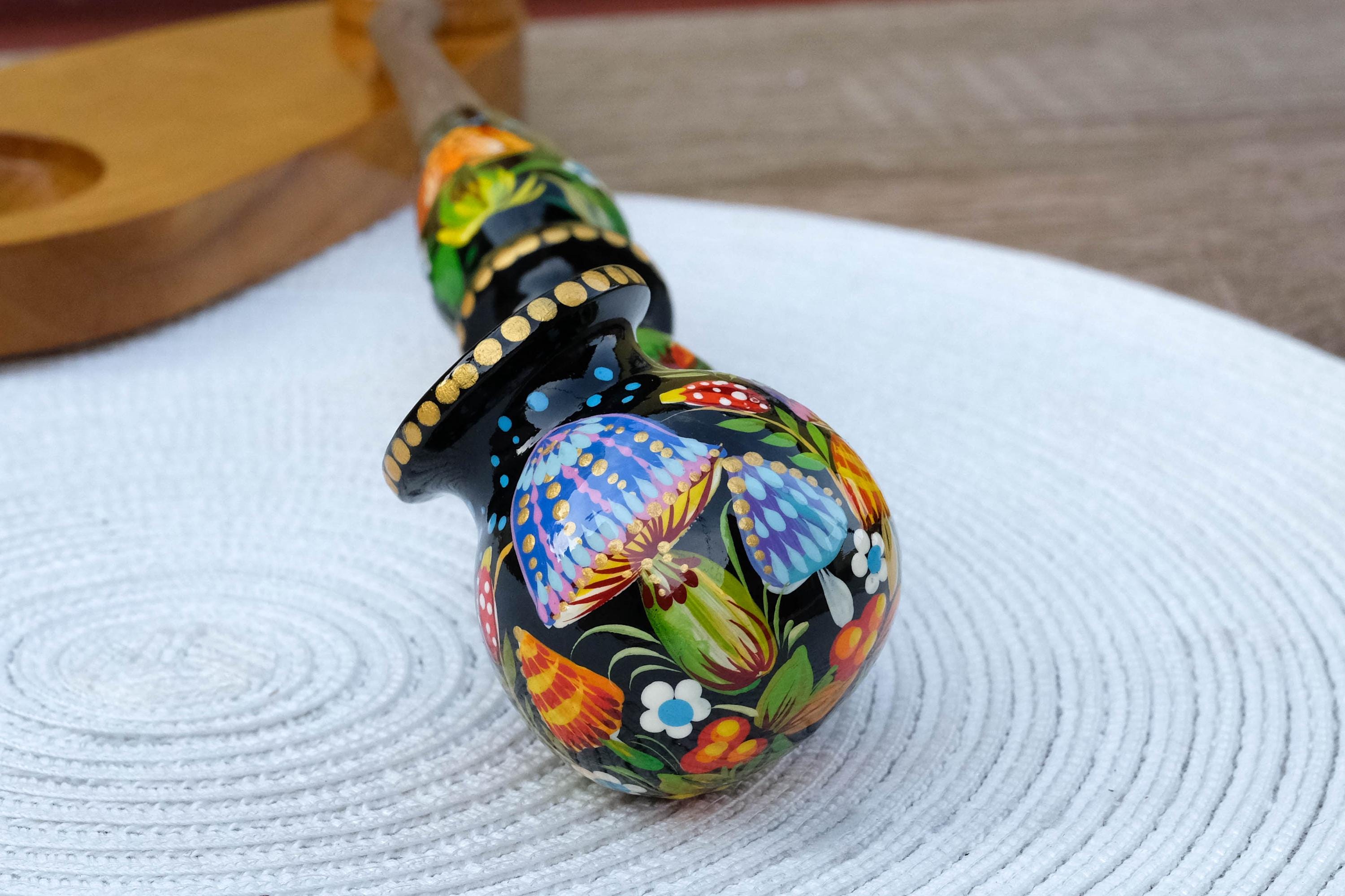 Wooden Mushroom Smoking Pipe - Hand-Painted Ladybug Tobacco Pipe - Ukrainian Folk Art Petrykivka