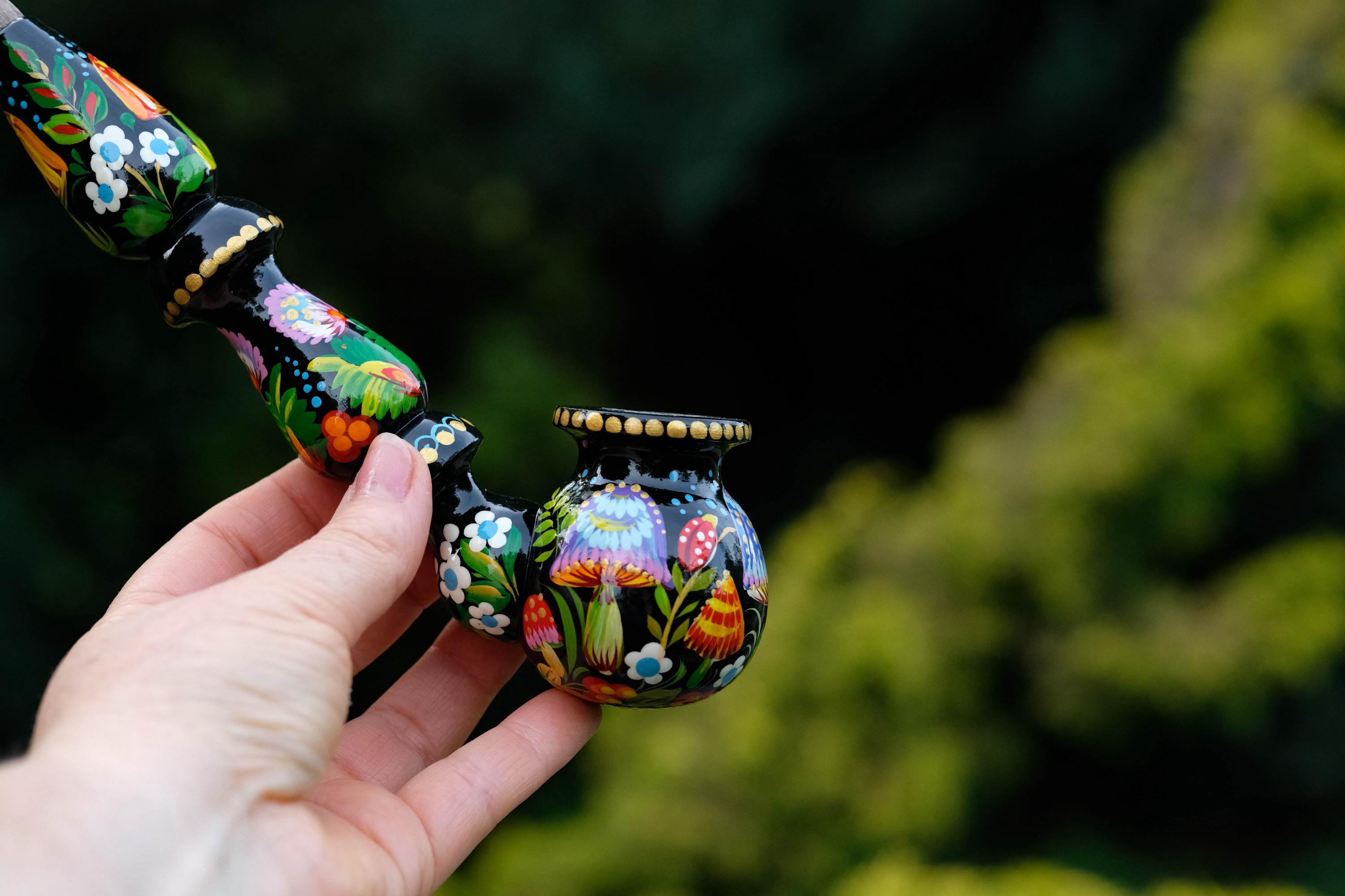 Wooden Mushroom Smoking Pipe - Hand-Painted Ladybug Tobacco Pipe - Ukrainian Folk Art Petrykivka