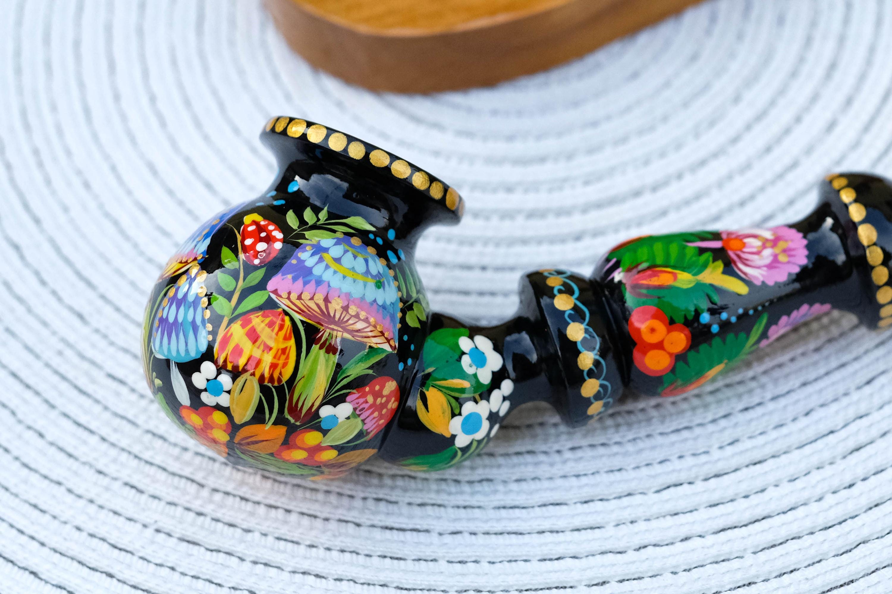 Wooden Mushroom Smoking Pipe - Hand-Painted Ladybug Tobacco Pipe - Ukrainian Folk Art Petrykivka