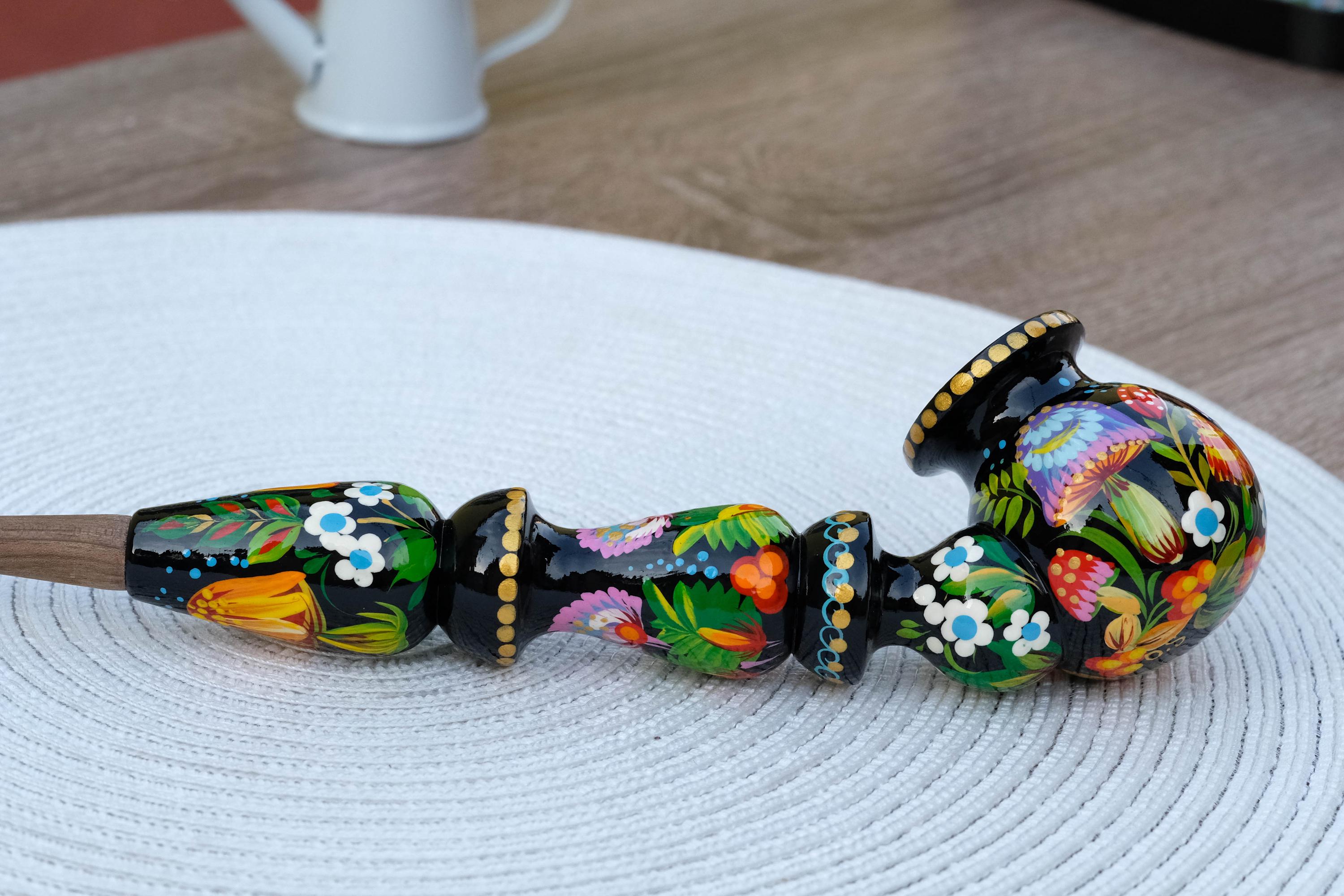 Wooden Mushroom Smoking Pipe - Hand-Painted Ladybug Tobacco Pipe - Ukrainian Folk Art Petrykivka