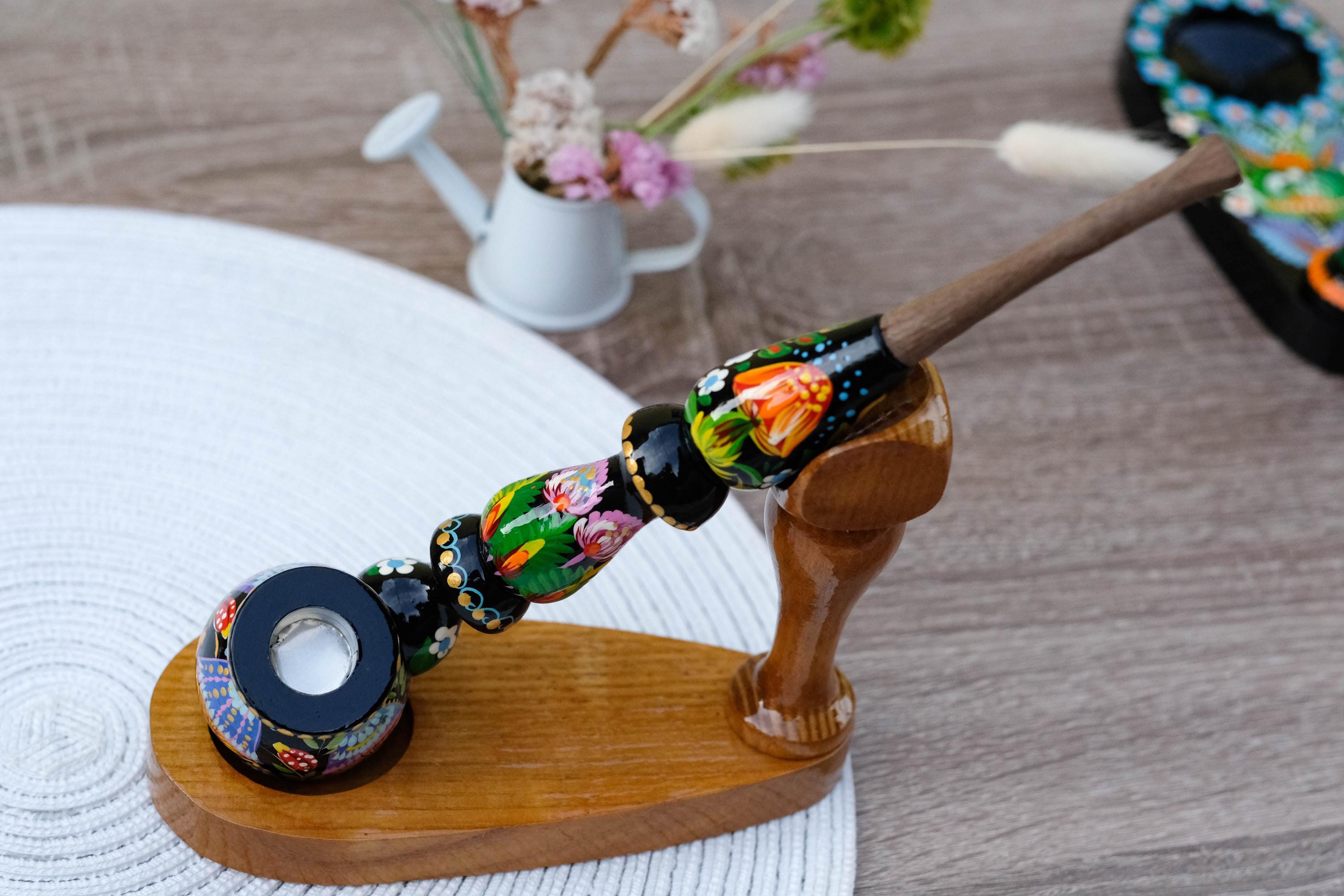 Wooden Mushroom Smoking Pipe - Hand-Painted Ladybug Tobacco Pipe - Ukrainian Folk Art Petrykivka